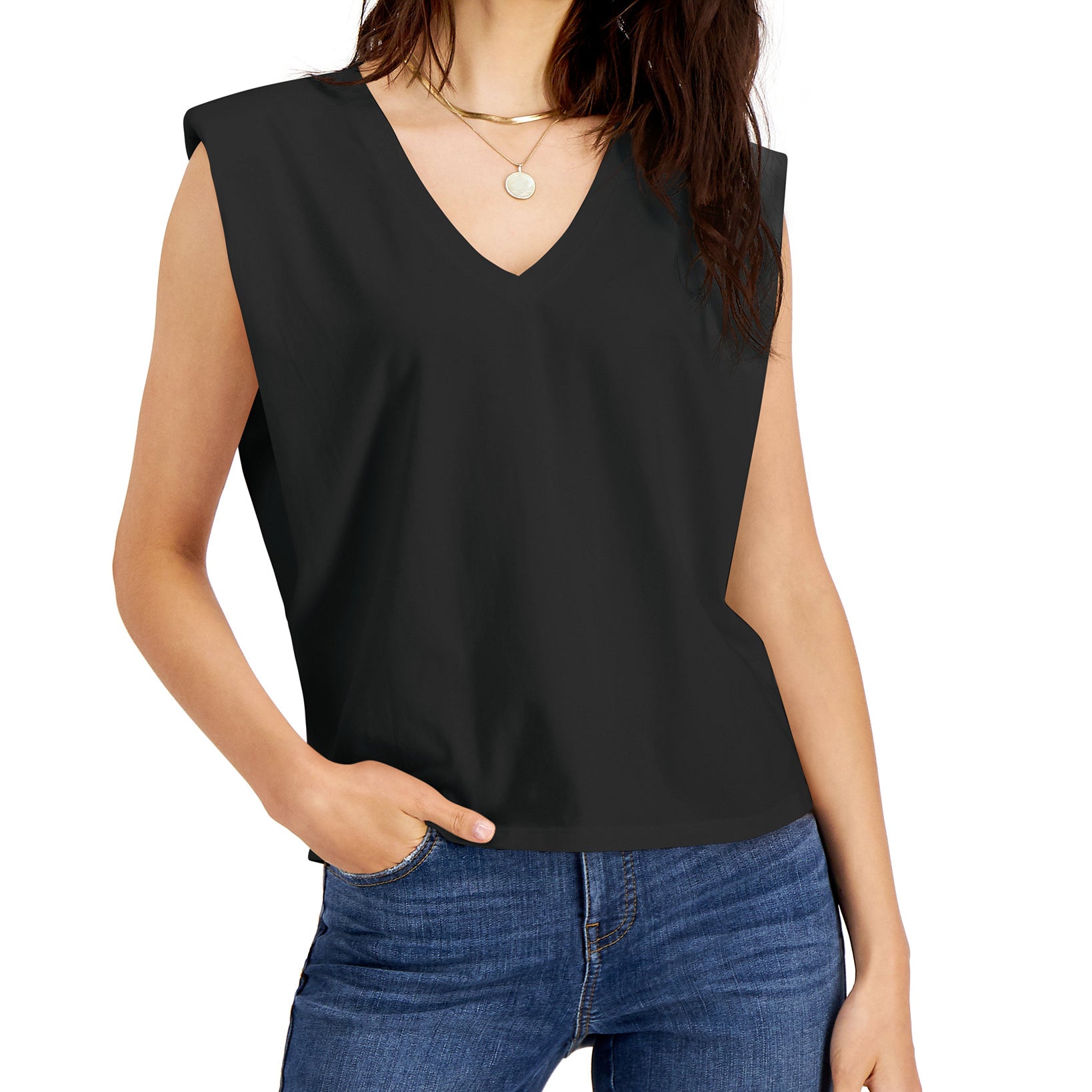 INC International Concepts Women Strong Shoulder V Neck T Shirt Deep Black