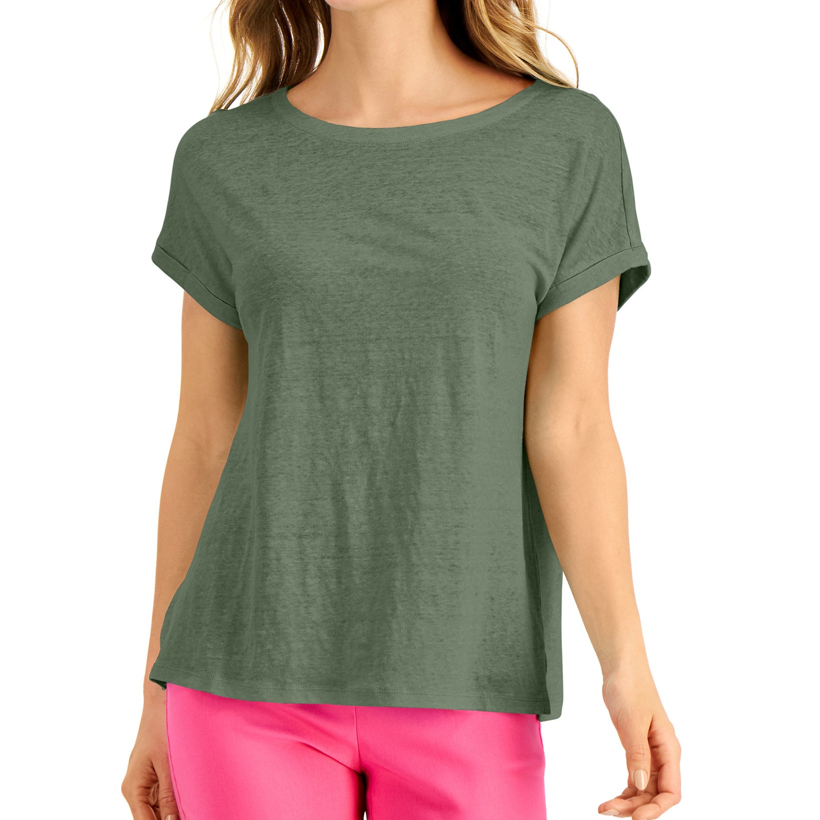 Charter Club Women Linen Boat Neck Top Cool Olive