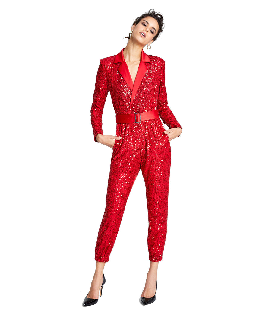 INC International Concepts Women Collared Sequin Jumpsuit Real Red