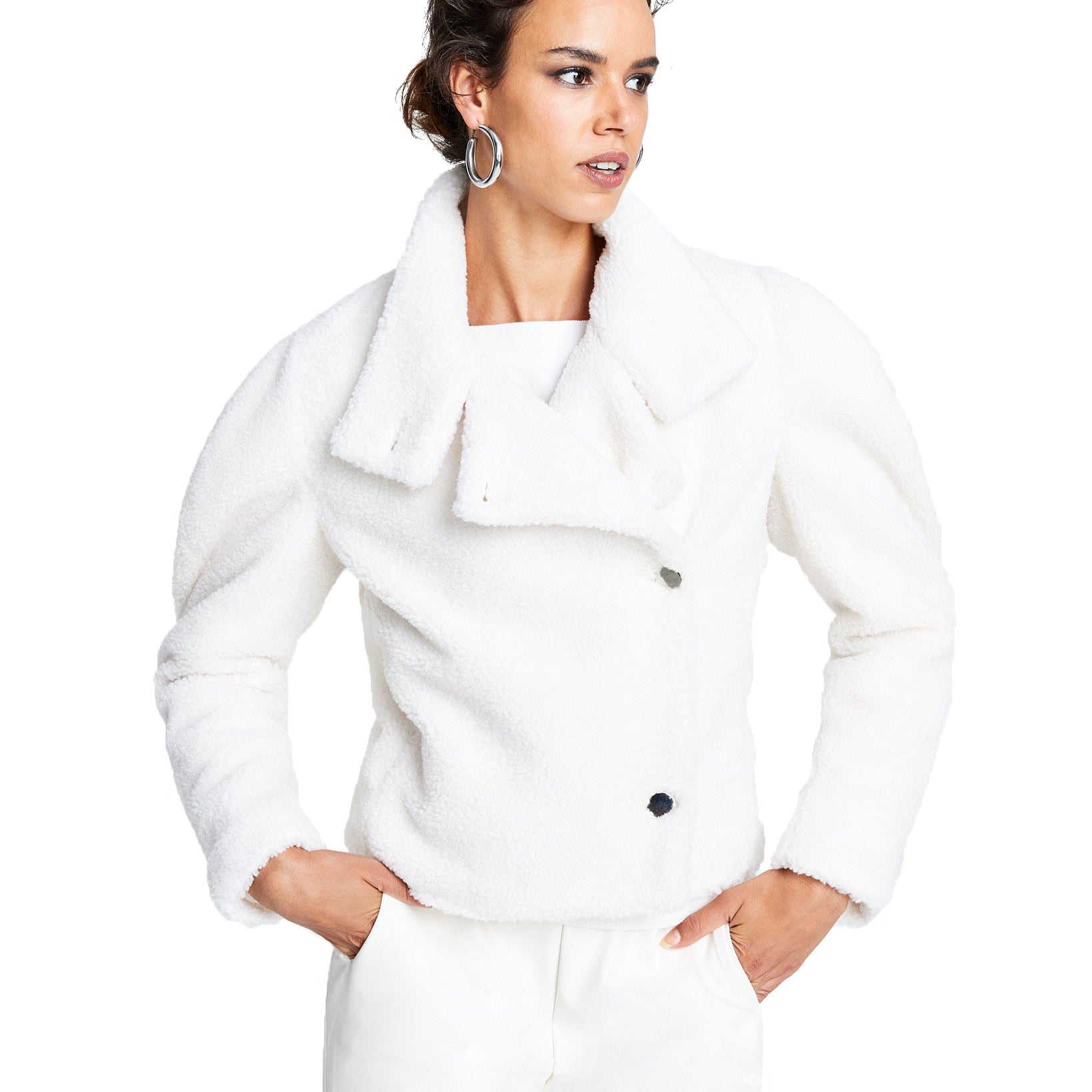 INC International Concepts Women Cropped Sherpa Puff Sleeve Jacket