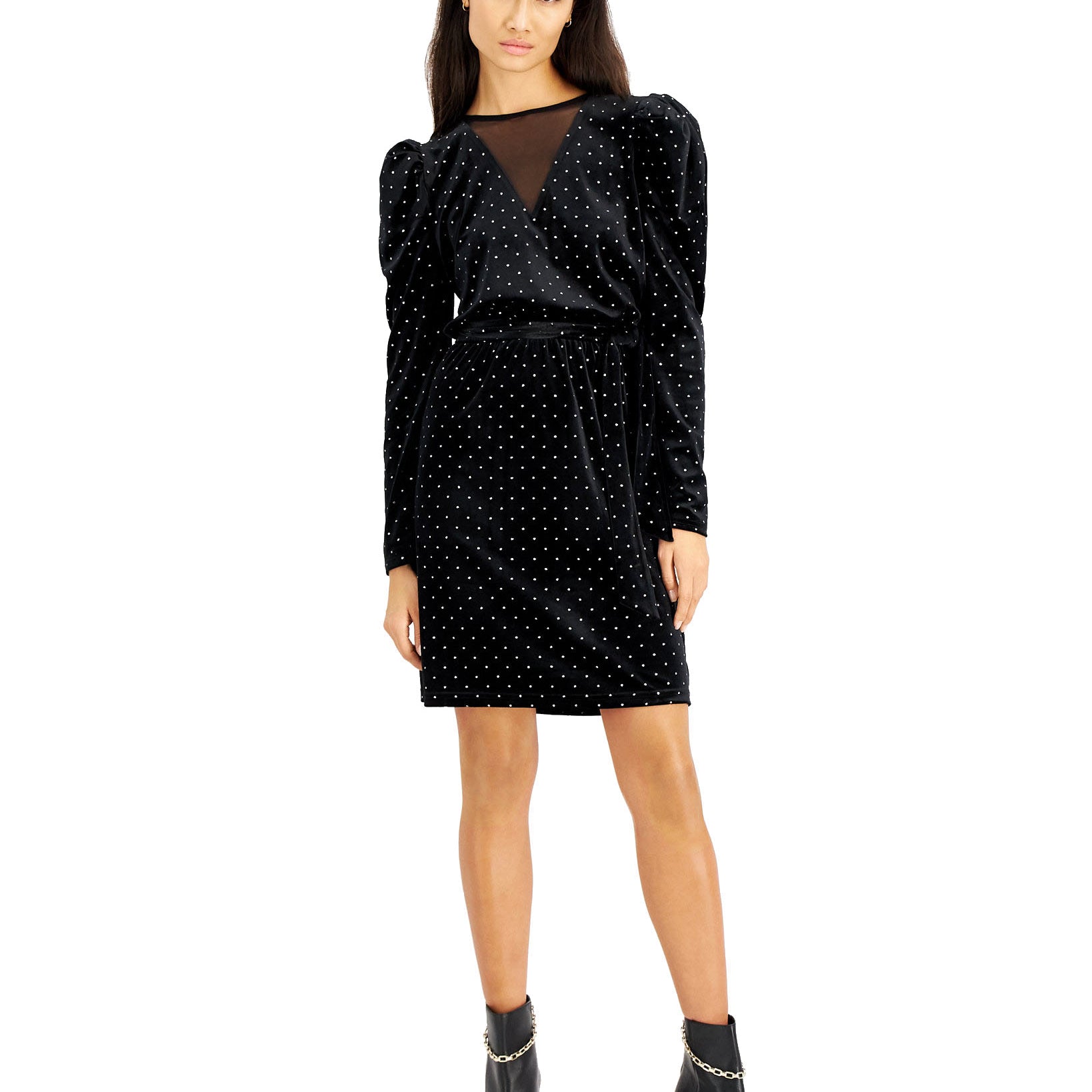 INC International Concepts Women Dot Print Velvet Puff Sleeve Dress Deep Black