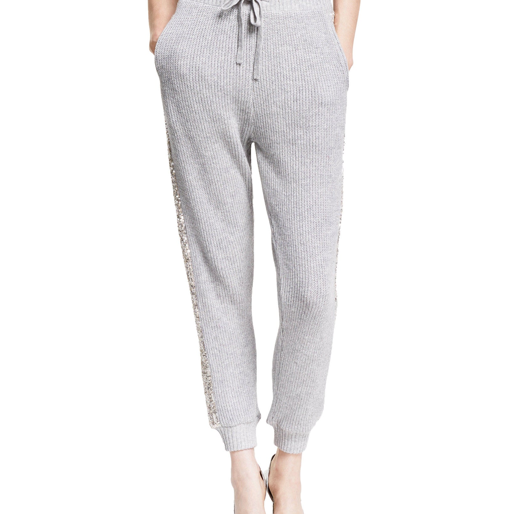 INC International Concepts Women Petite Sequined Jogger Pants Silver