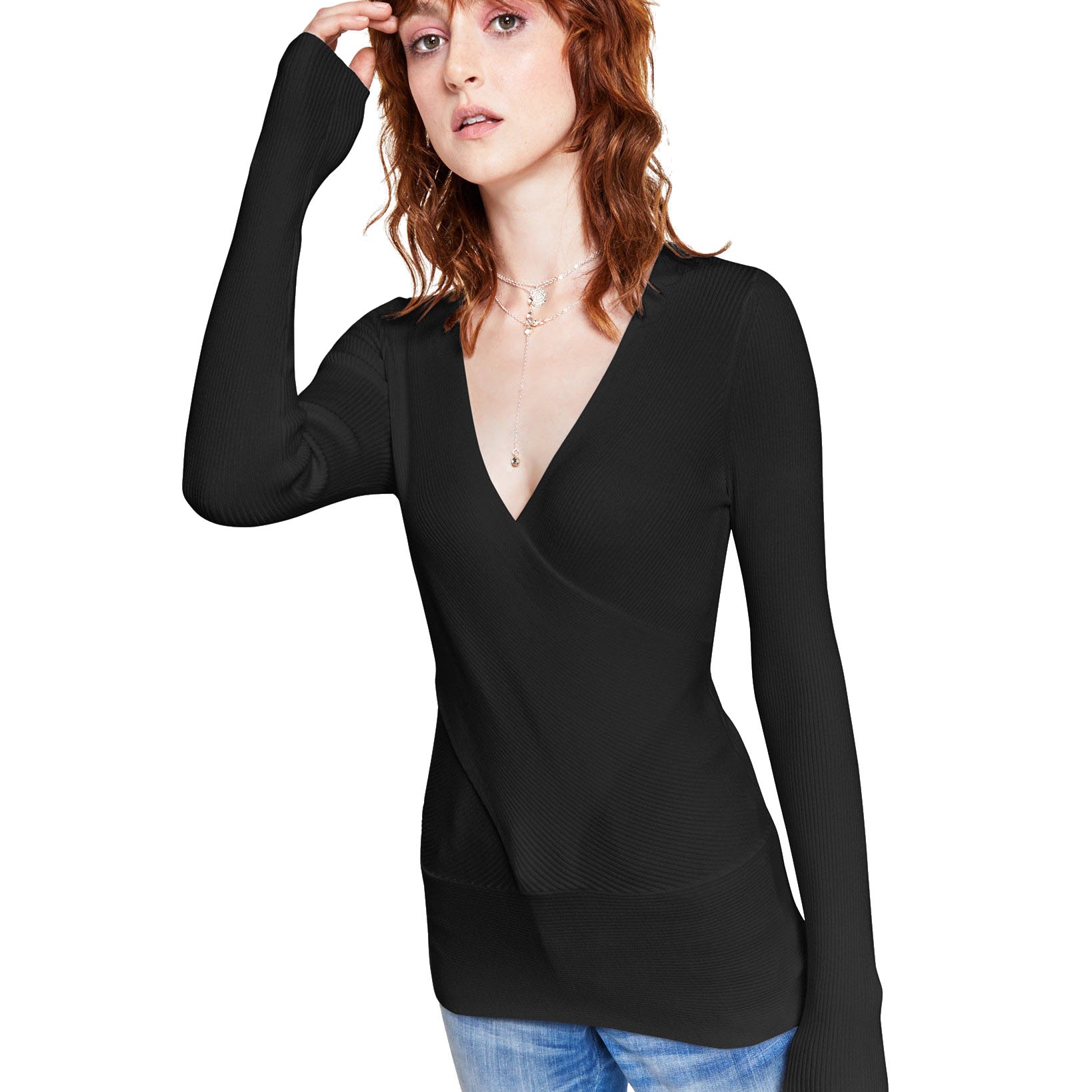 INC International Concepts Women Petite Surplice Sweater Deep Black