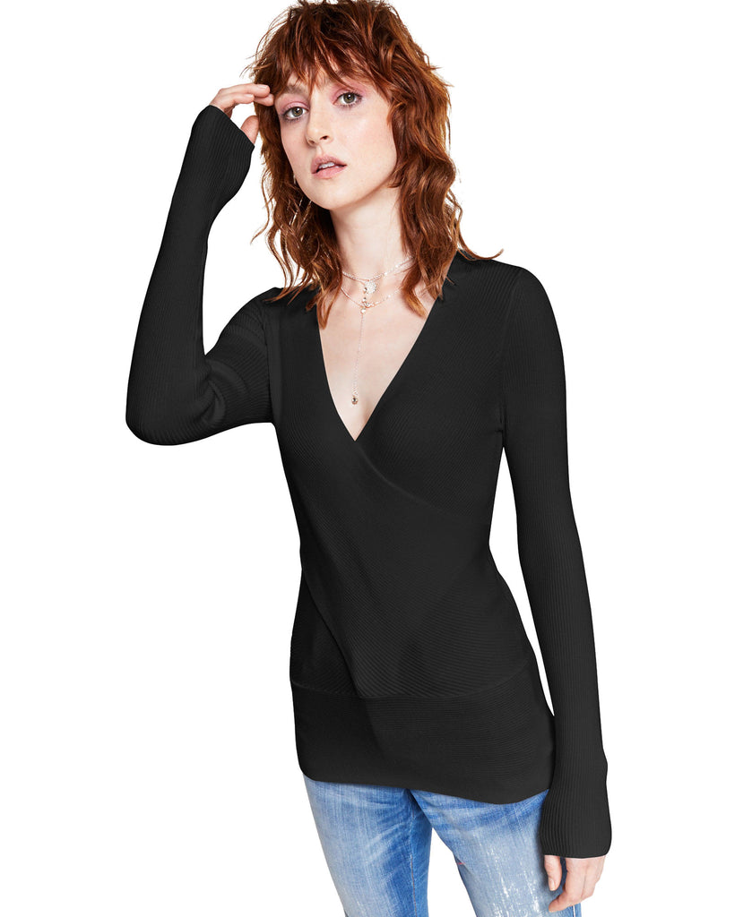 INC International Concepts Women Petite Surplice Sweater Deep Black