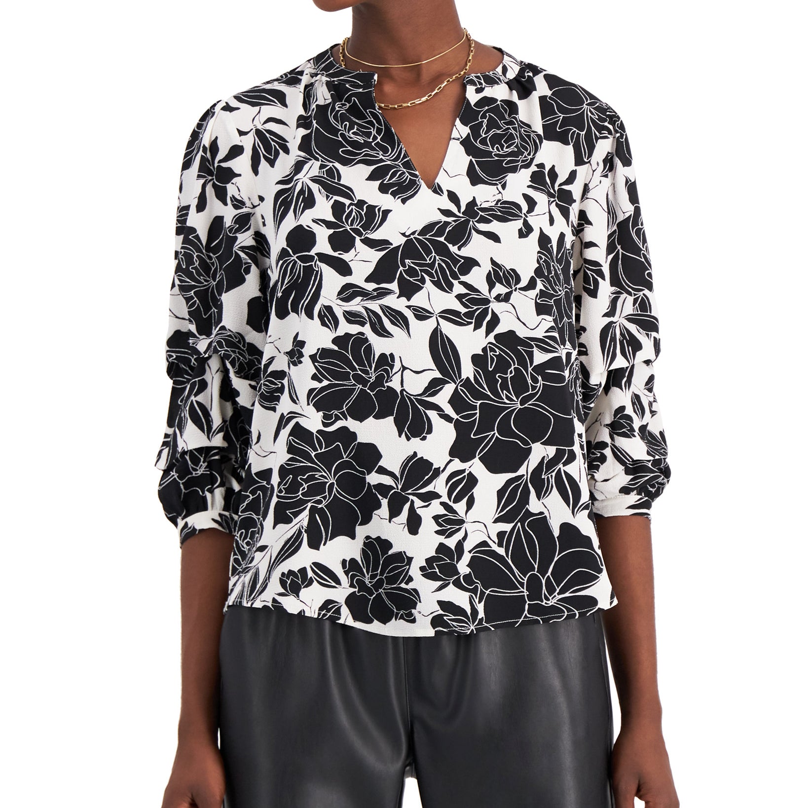 Willow Drive Women Printed Split Neck Top Black Floral