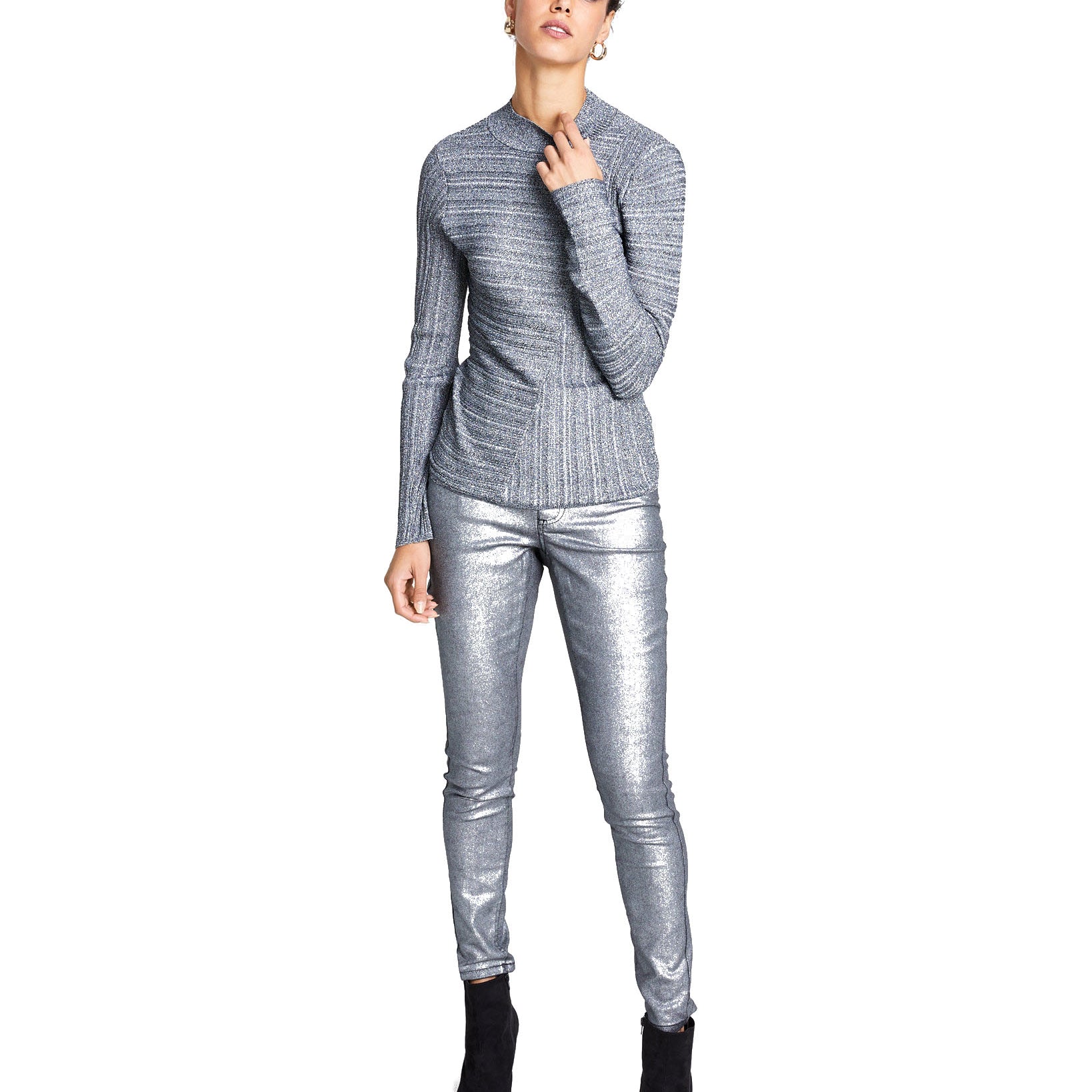 INC International Concepts Women Petite Ribbed Pullover Sweater Silver