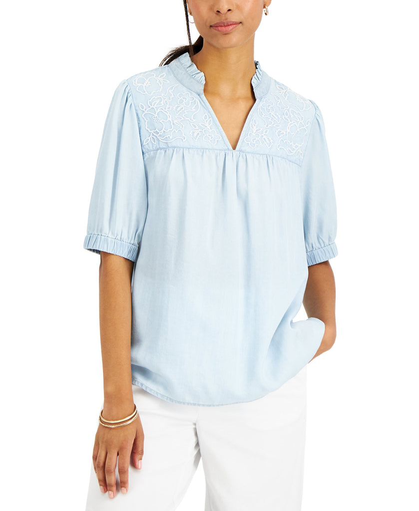 Charter Club Women Elbow Sleeve Chambray Top Bright White Combo