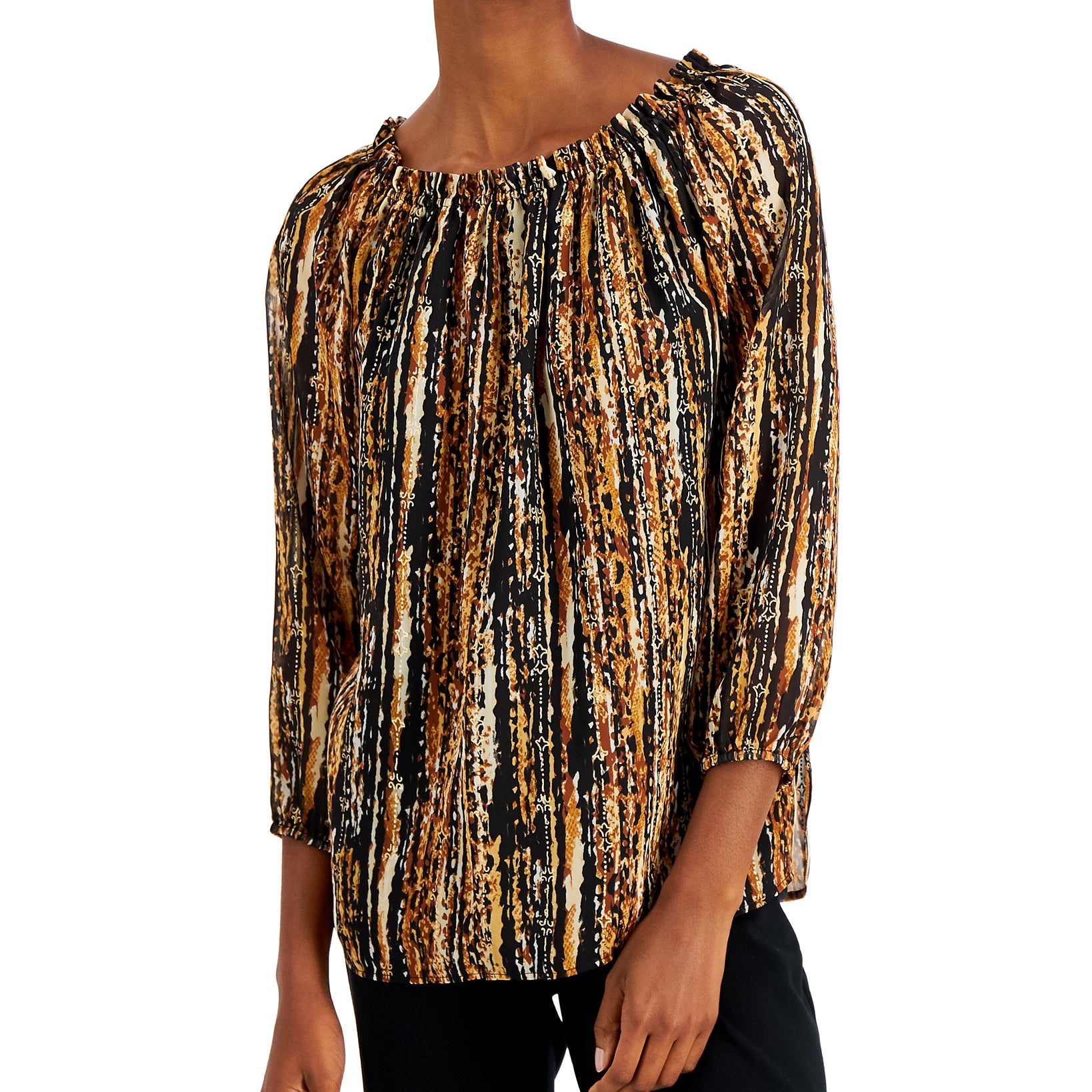 Nine West Women Foil Printed 3 4 Sleeve Blouse Tan Combo
