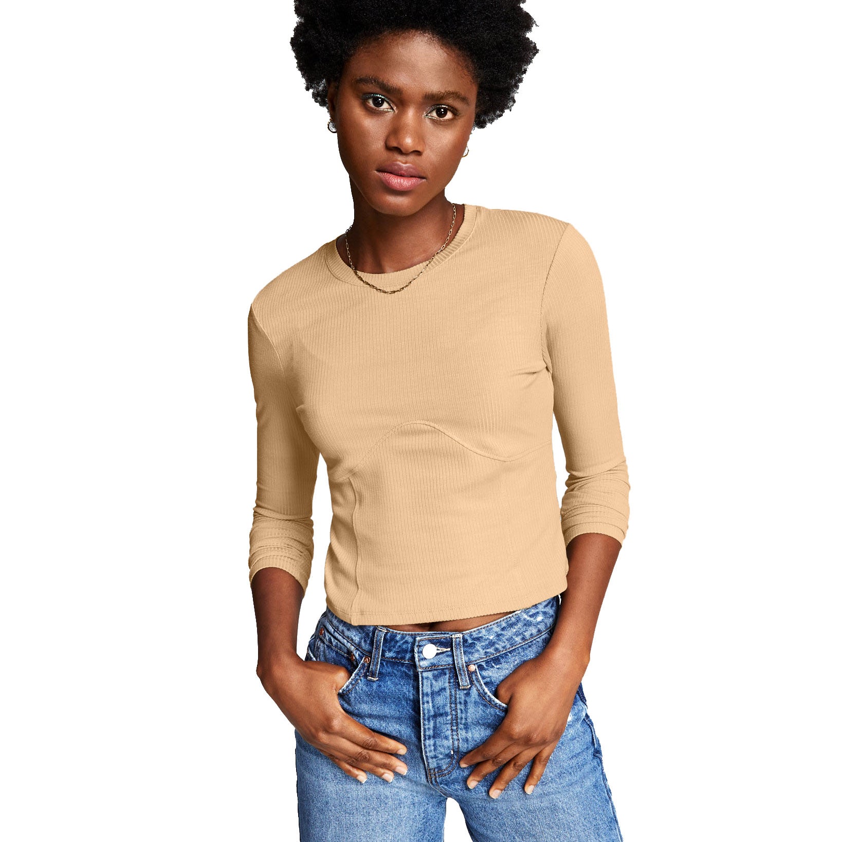 And Now This Women Corset Long Sleeve Knit Top Camel Brown