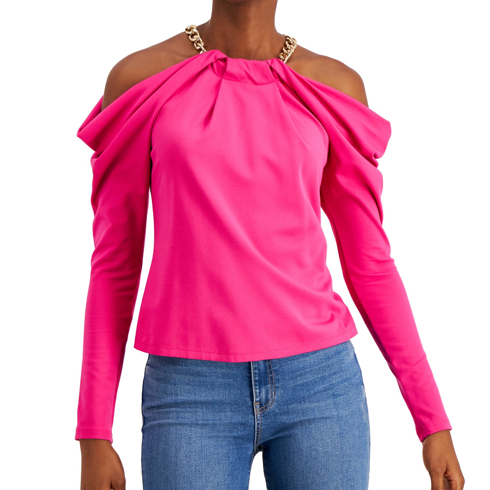 INC International Concepts Women Petite Cold Shoulder Chain Top Pink Tutu