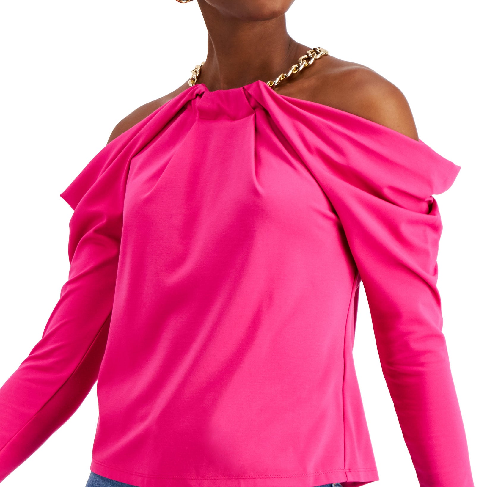 INC International Concepts Women Petite Cold Shoulder Chain Top