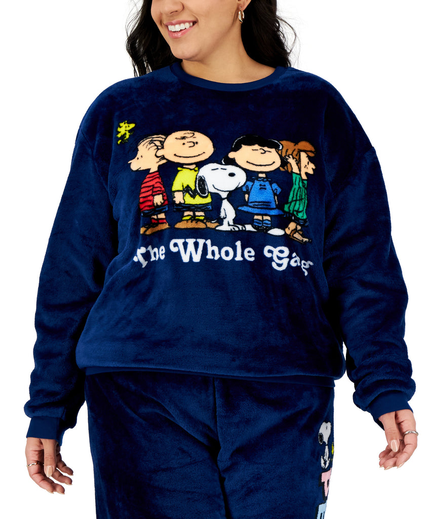 Love Tribe Women Plus Peanuts Graphic Plush Sweatshirt Estate Blue