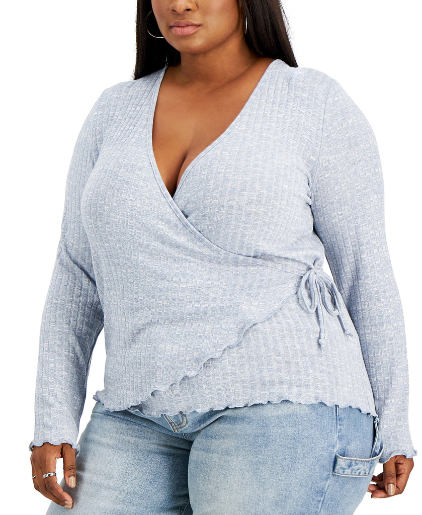 Rebellious One Women Plus Trendy Hacci Wrap Sweater Blue