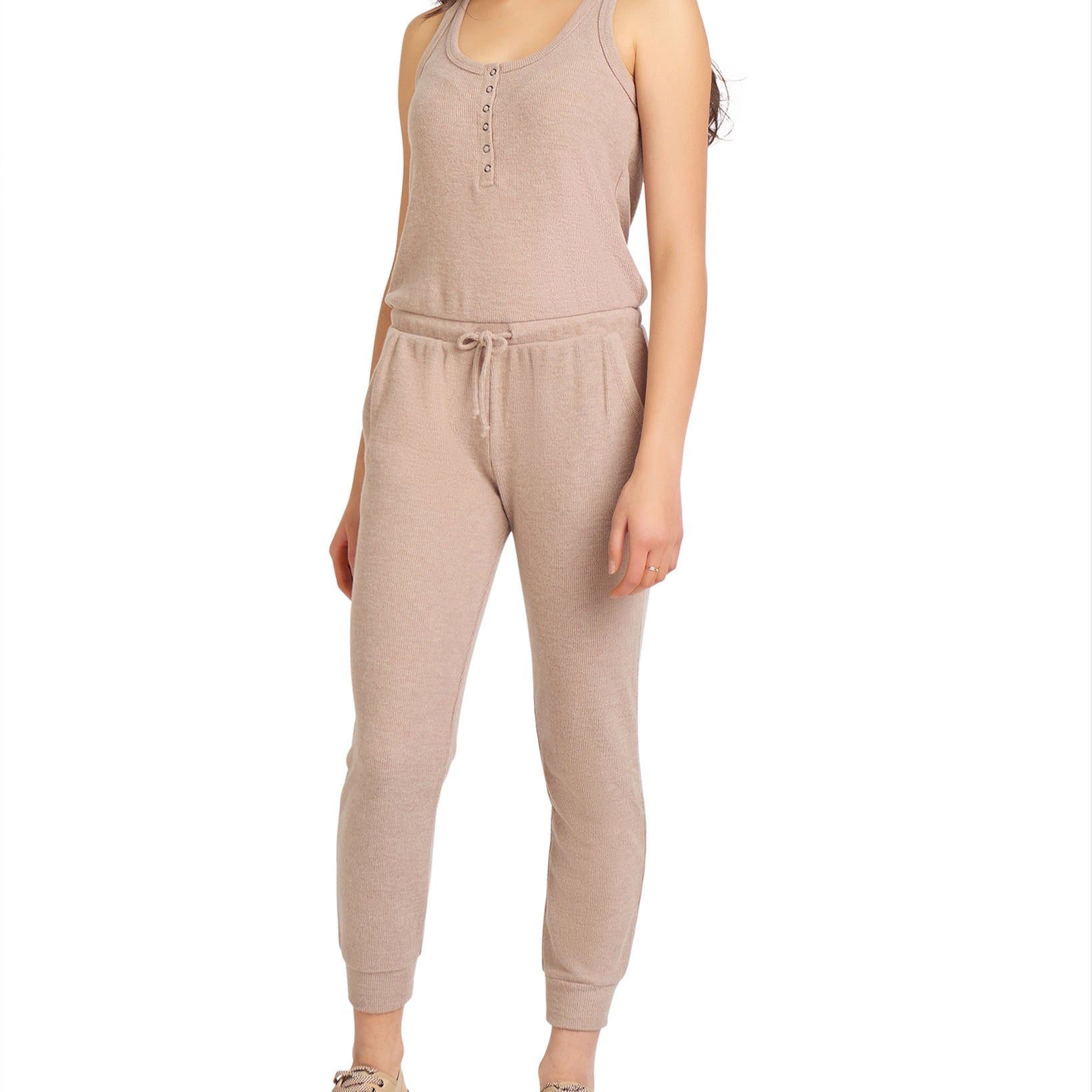 Black Tape Women Snap Front Ribbed Jumpsuit Cocoa