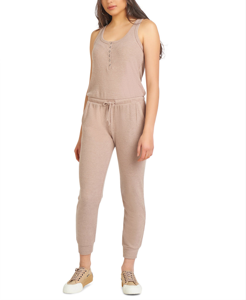 Black Tape Women Snap Front Ribbed Jumpsuit Cocoa