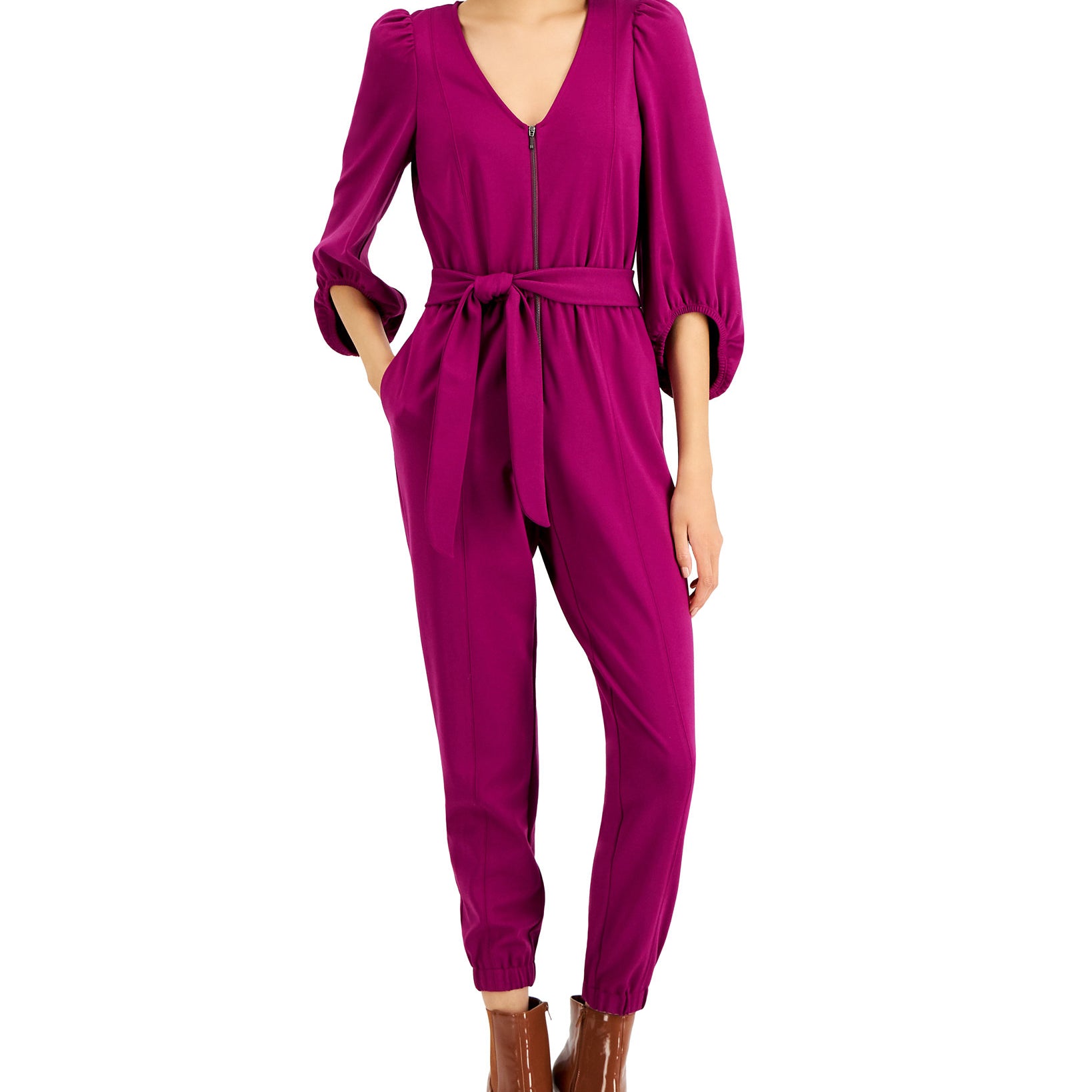 INC International Concepts Women Zip Front Belted Jumpsuit Autumn Berry