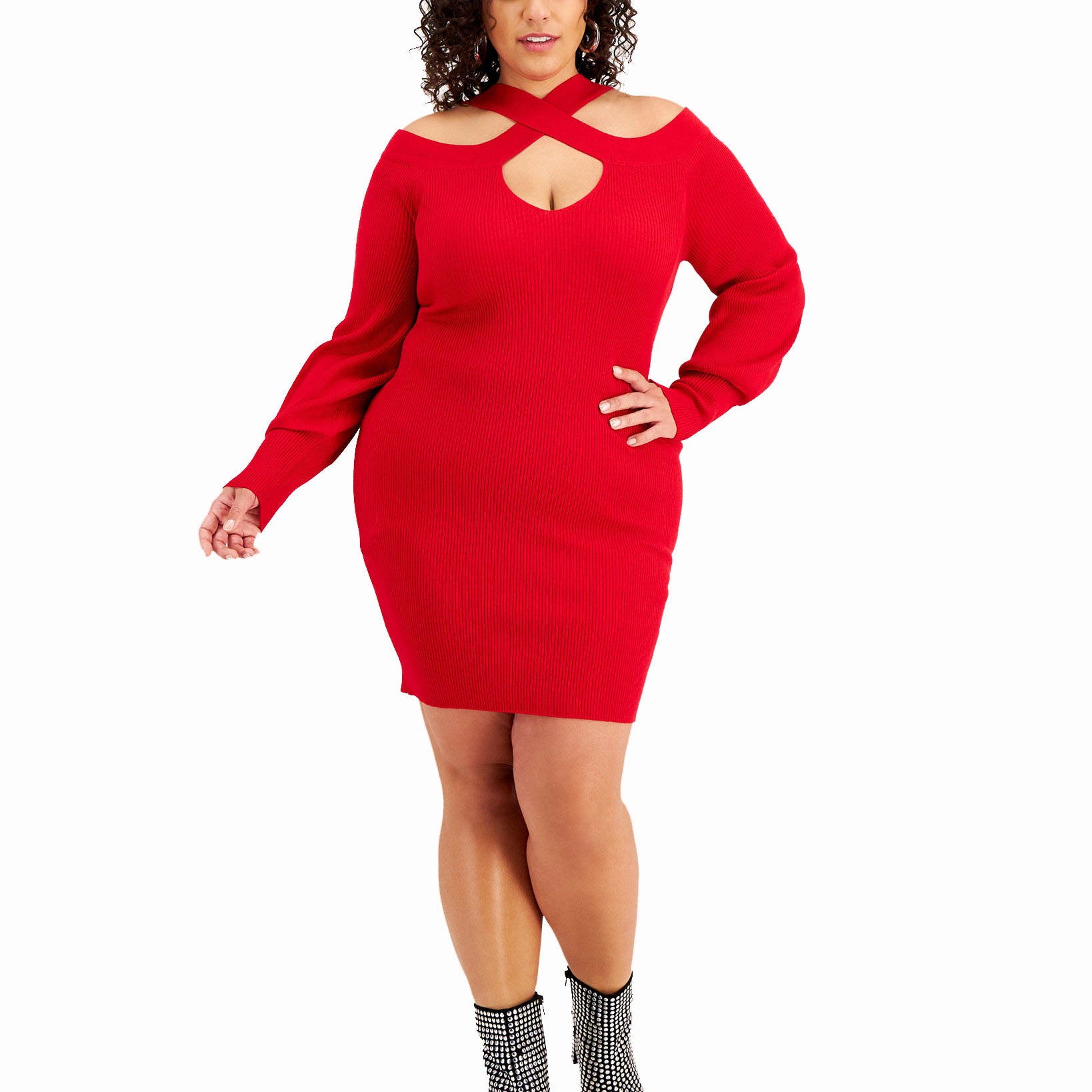 FULL CIRCLE TRENDS Women Plus Trendy Crossover Shoulder Ribbed Sweater Dress Red