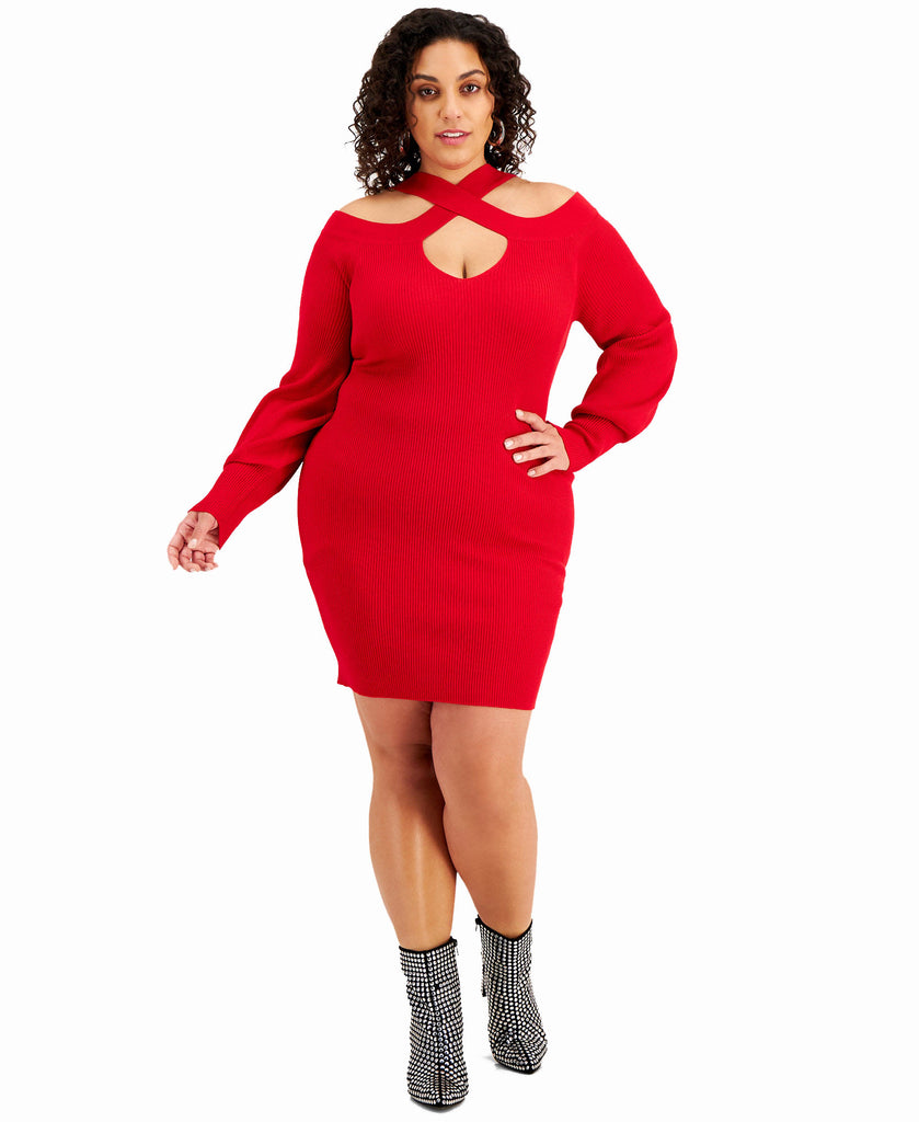 FULL CIRCLE TRENDS Women Plus Trendy Crossover Shoulder Ribbed Sweater Dress Red