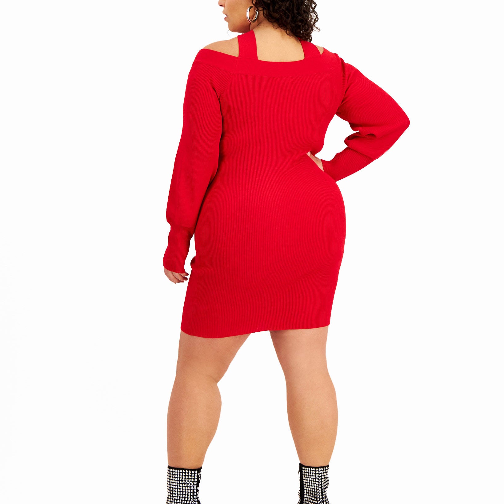 FULL CIRCLE TRENDS Women Plus Trendy Crossover Shoulder Ribbed Sweater Dress