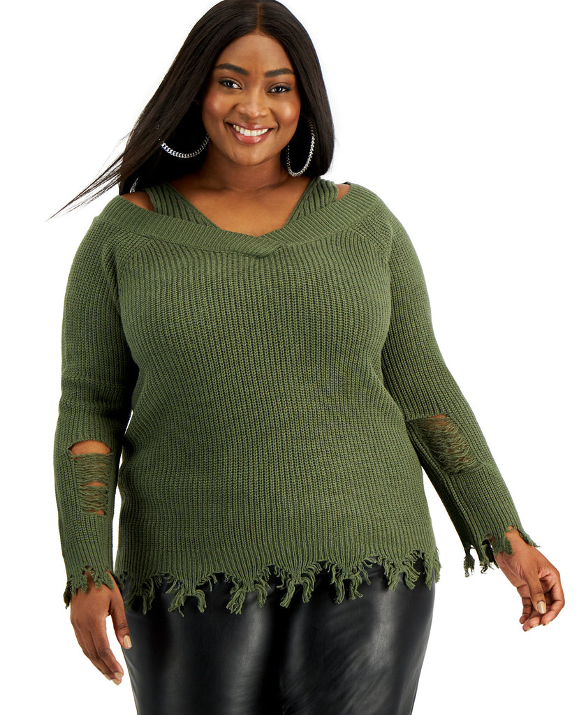 FULL CIRCLE TRENDS Women Plus Trendy Ripped Edge Sweater Dusty Olive