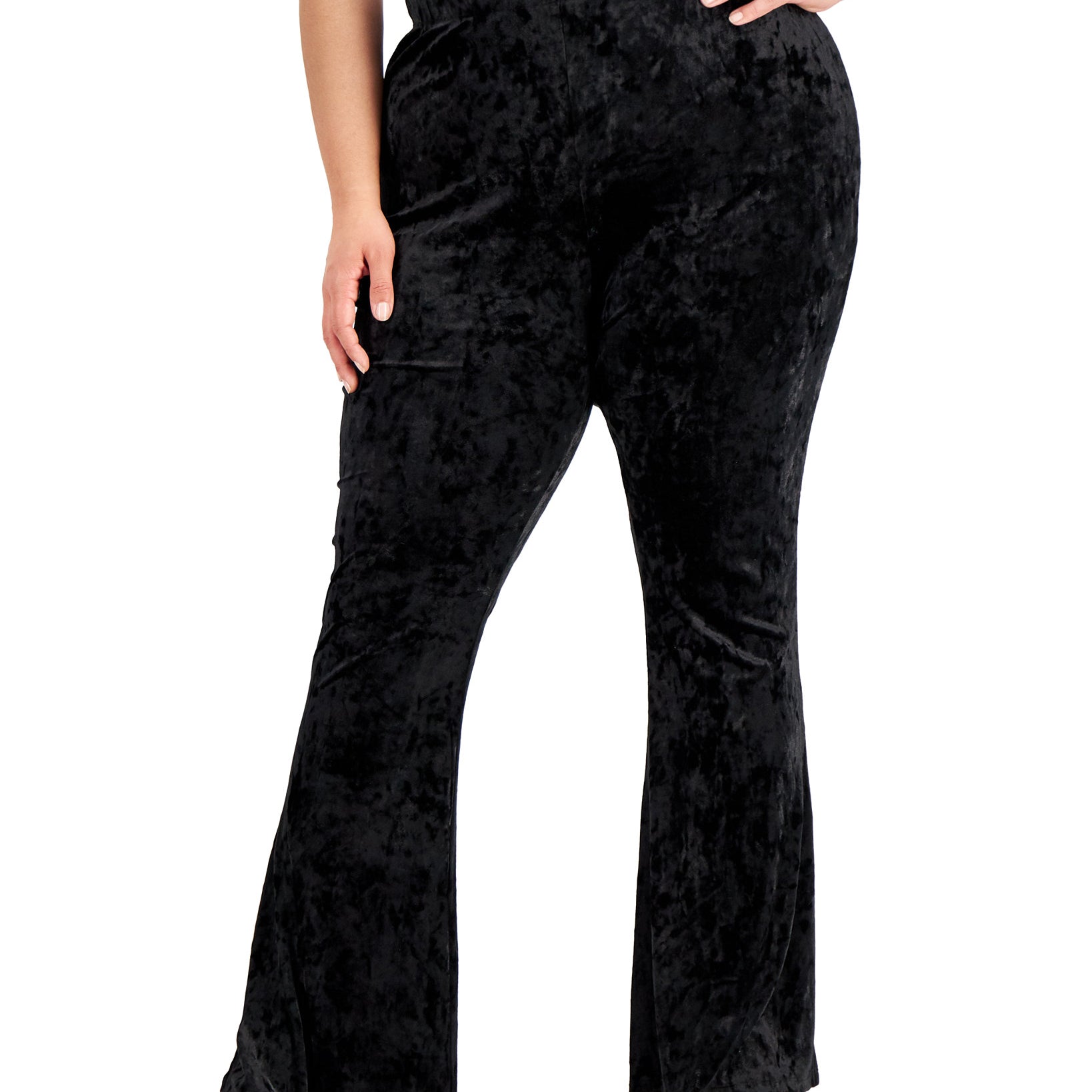 FULL CIRCLE TRENDS Women Plus Trendy Crushed Velvet Flare Pants Black Beauty