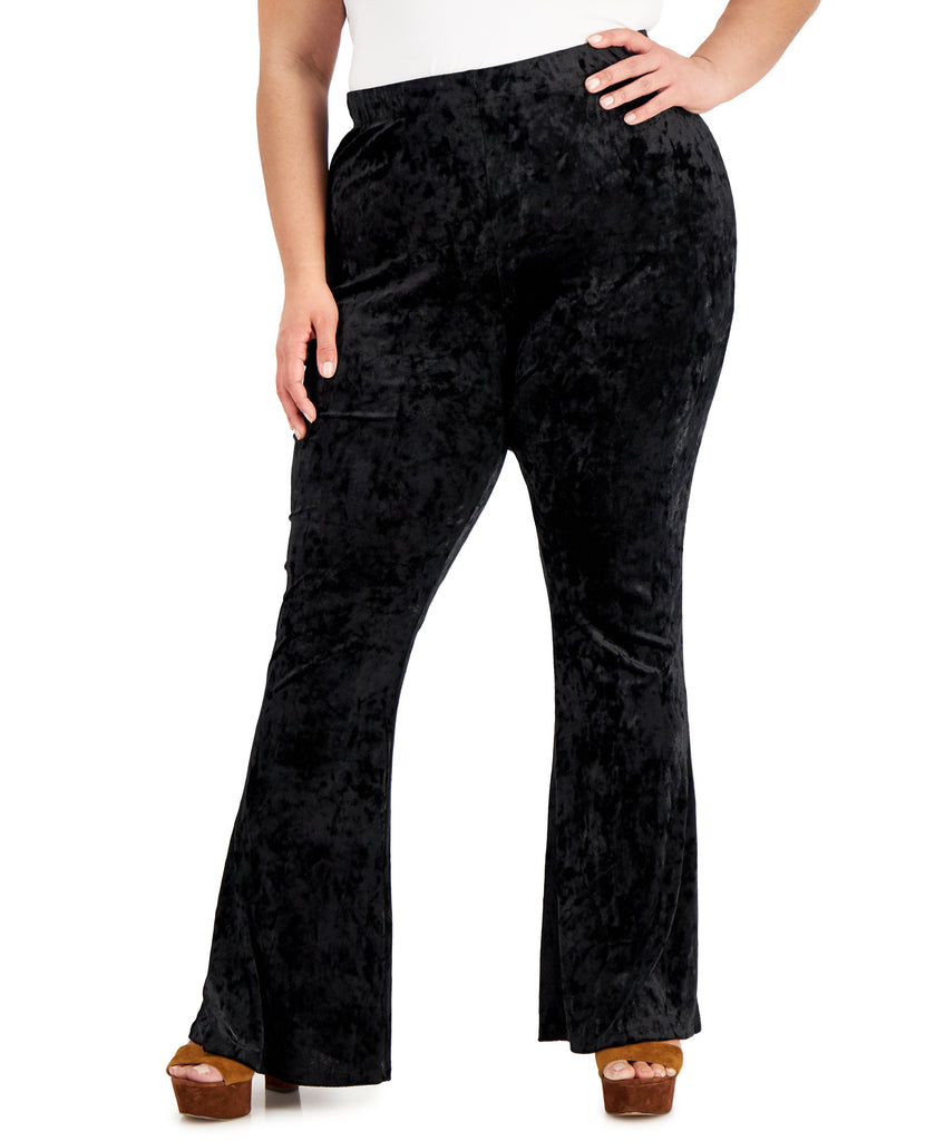 FULL CIRCLE TRENDS Women Plus Trendy Crushed Velvet Flare Pants Black Beauty