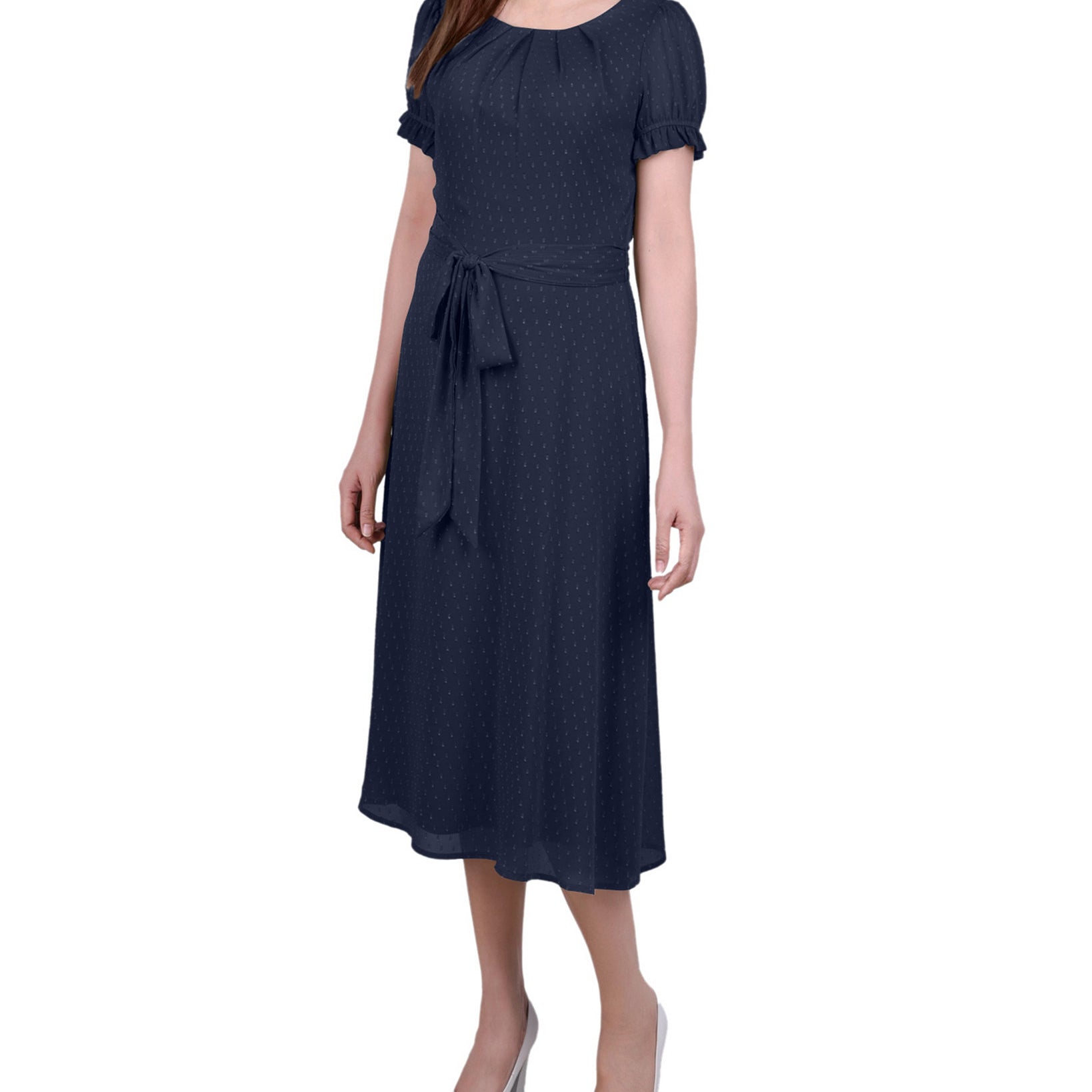 NY Collection Women Petite Short Sleeve Belted Swiss Dot Dress Navy Rectangle