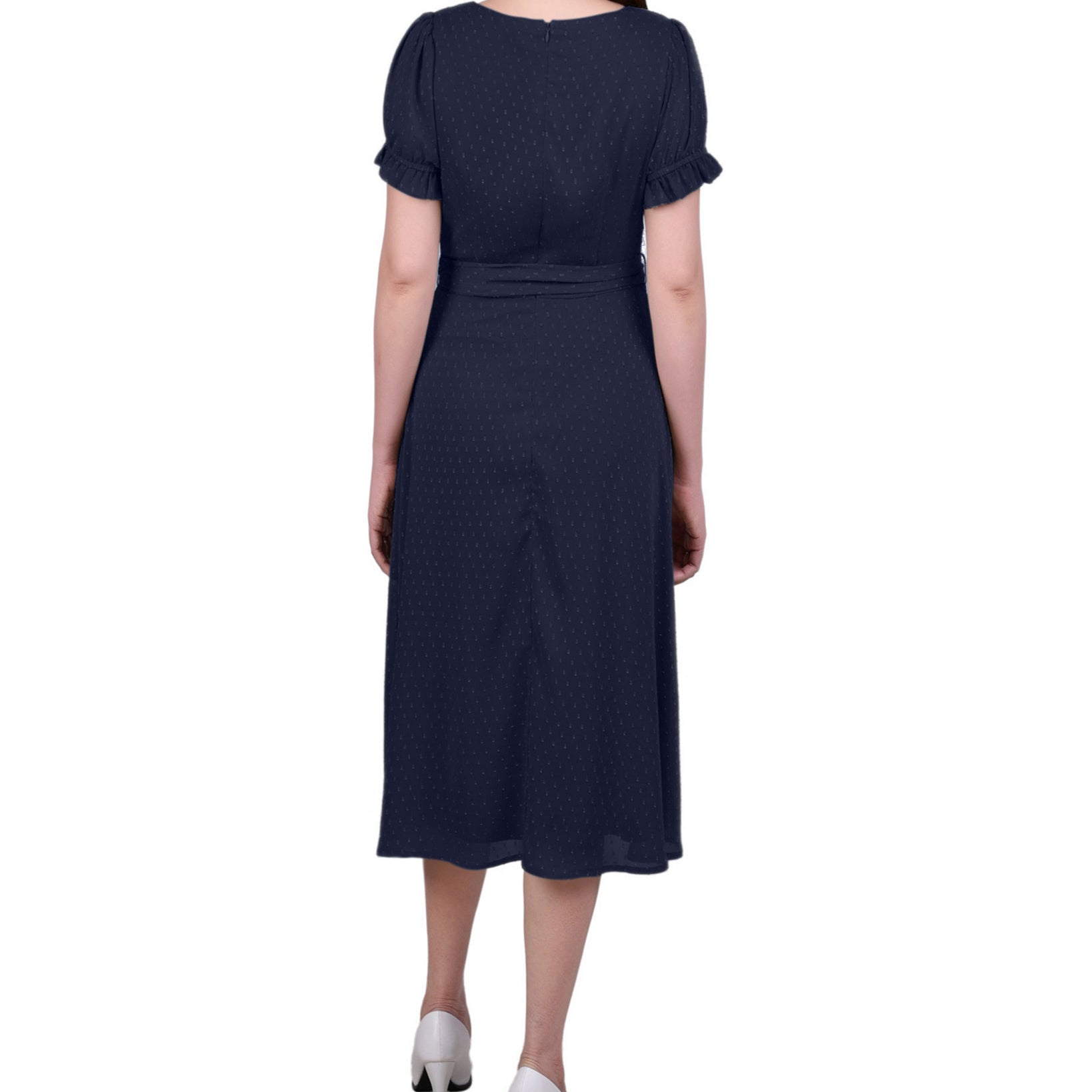 NY Collection Women Petite Short Sleeve Belted Swiss Dot Dress