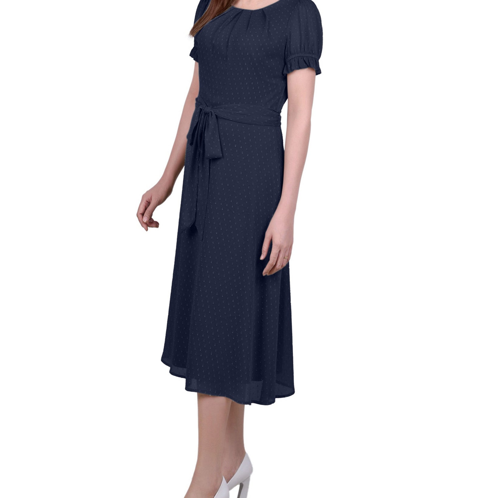 NY Collection Women Petite Short Sleeve Belted Swiss Dot Dress