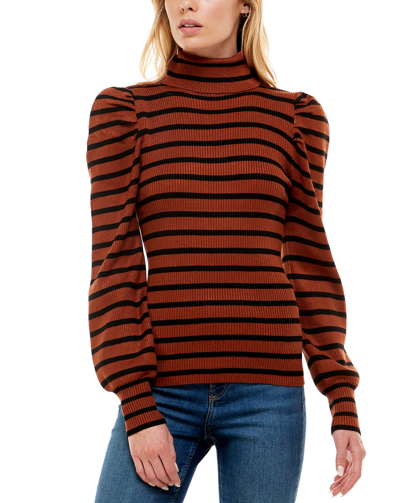 Crave Fame Women Striped Puff Sleeve Ribbed Sweater Umber