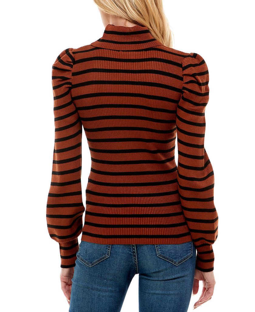 Crave Fame Women Striped Puff Sleeve Ribbed Sweater