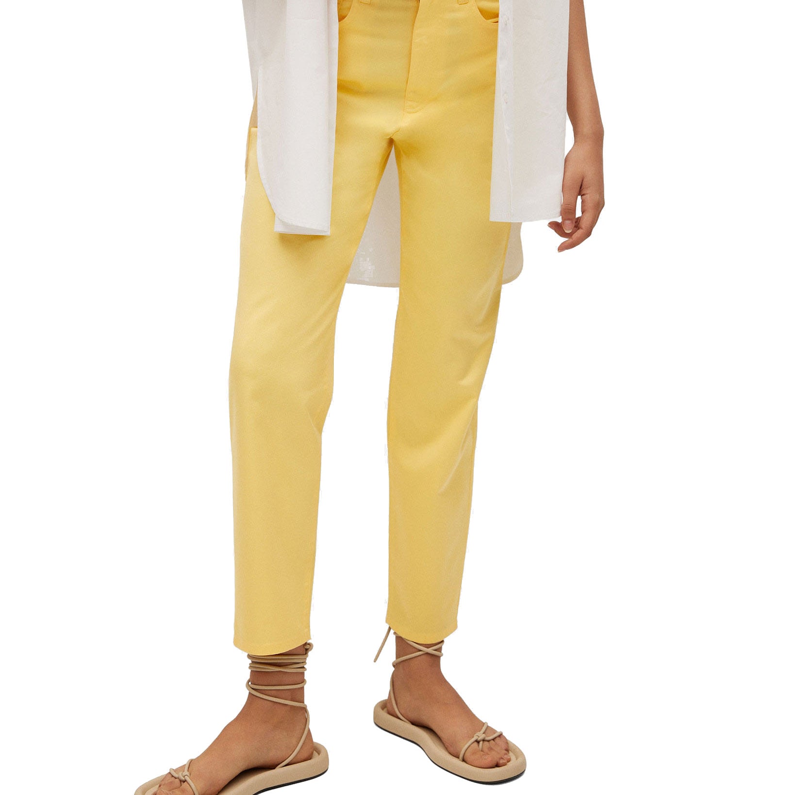 Mango Women Straight Cotton Pants Pastel Yellow