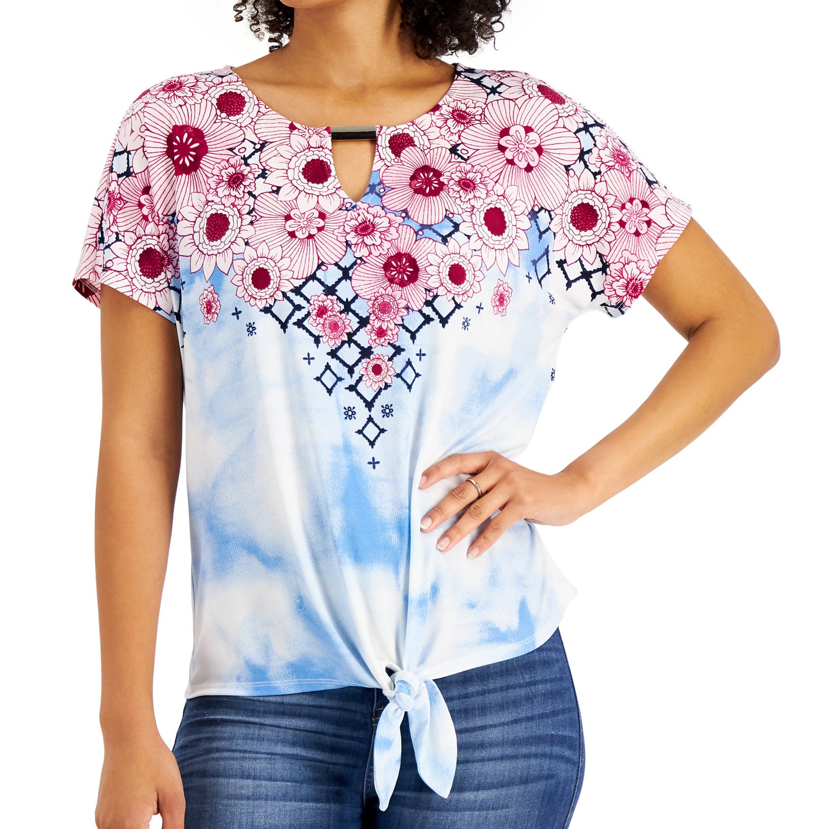 JM Collection Women Printed Keyhole Neck Top Omphalo Combo