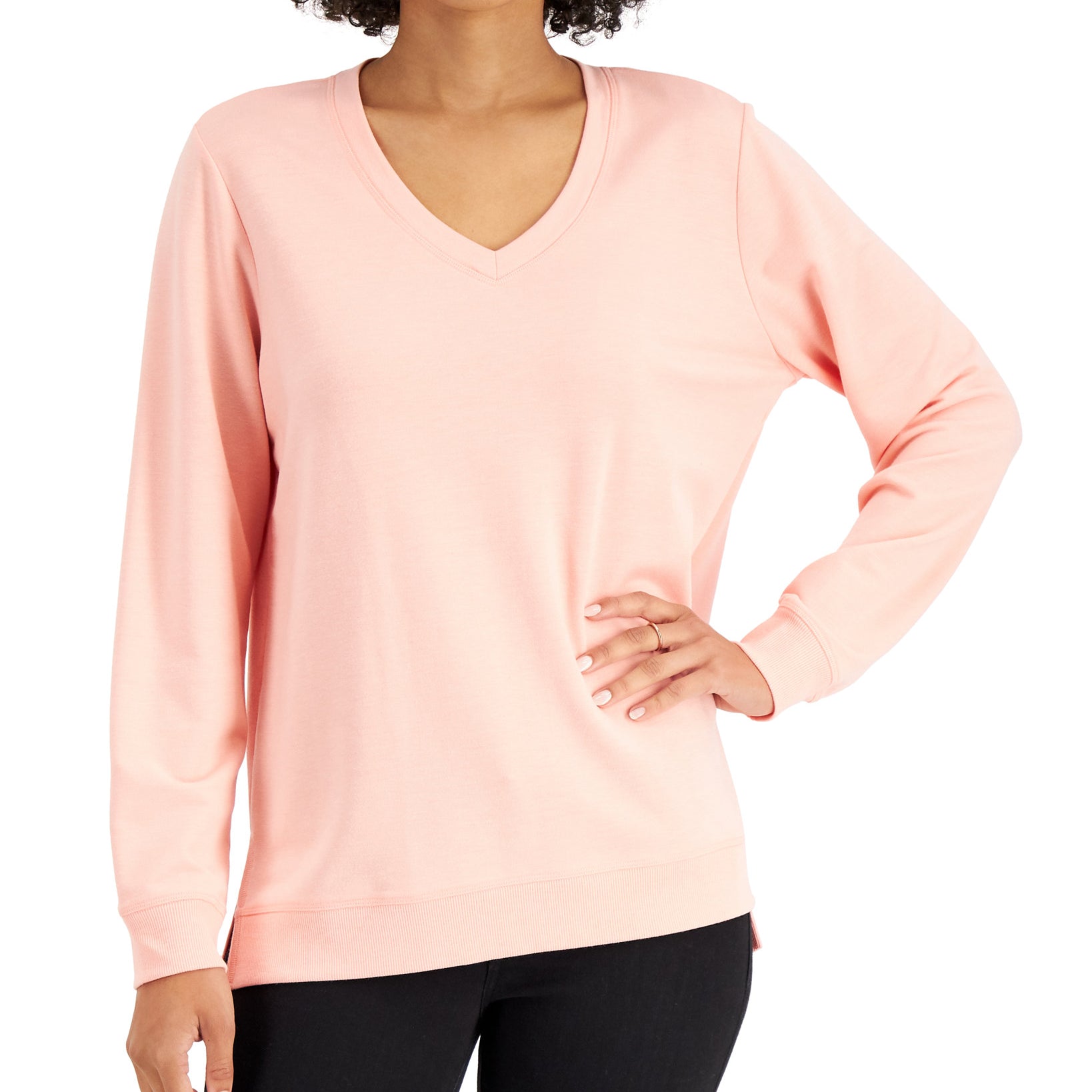 Karen Scott Women High Low V Neck Top Coral Ice