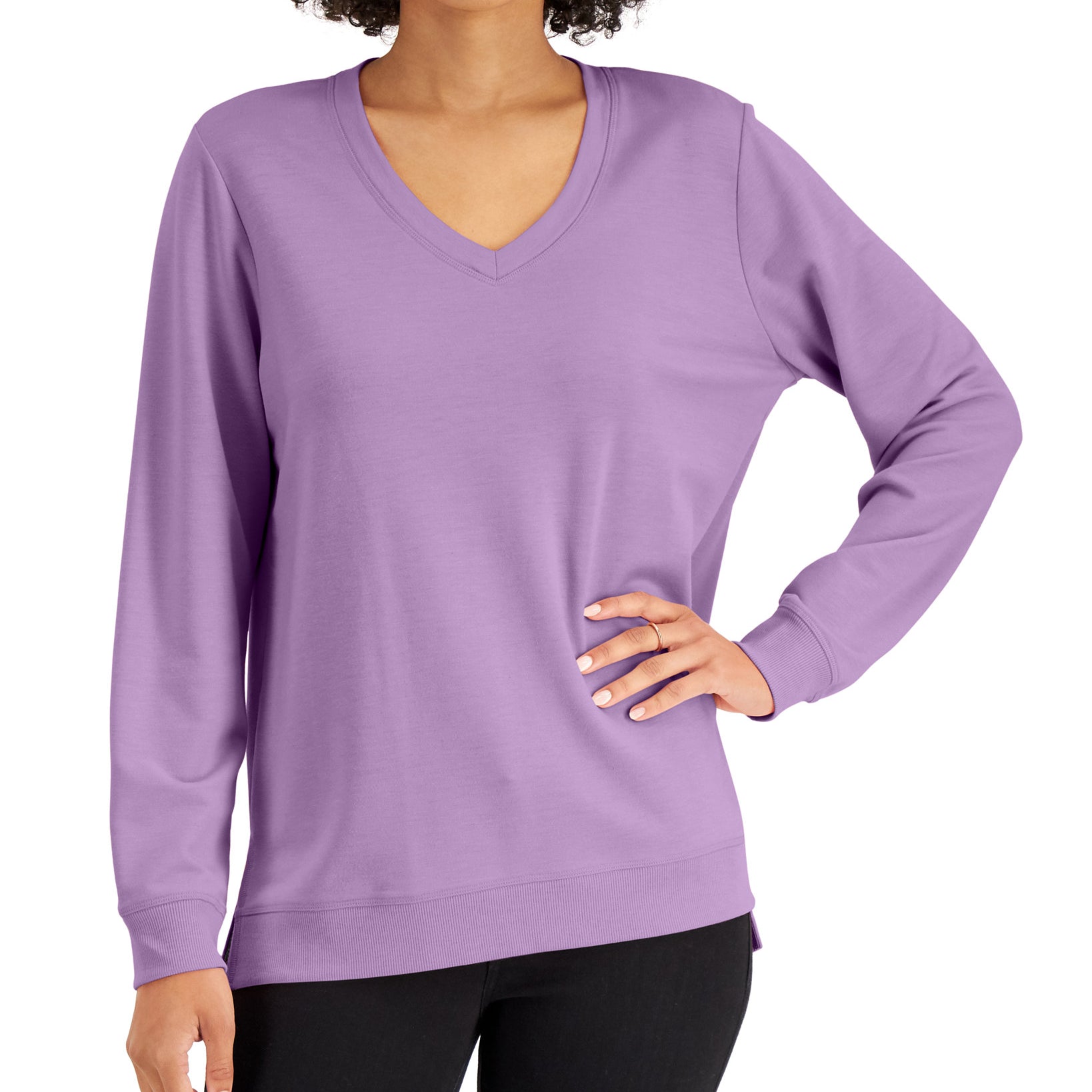 Karen Scott Women High Low V Neck Top Fragrant Lilac