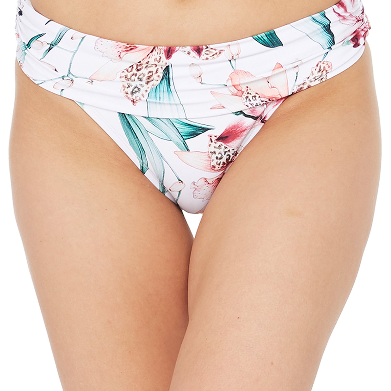 La Blanca Women Flyaway Orchid Printed Shirred Band Hipster Bikini Bottoms White