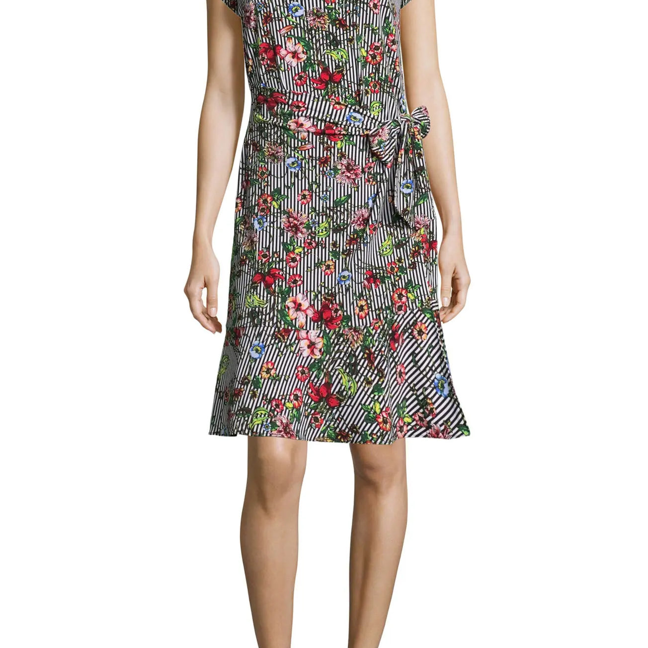 ECI Women Stripe & Floral Print Flounce Hem Dress Green Red