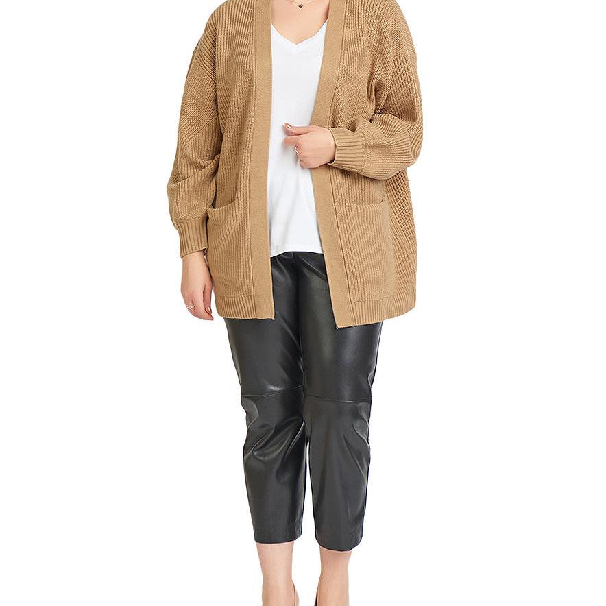 Black Tape Women Plus Trendy Ribbed Open Front Cardigan Taupe