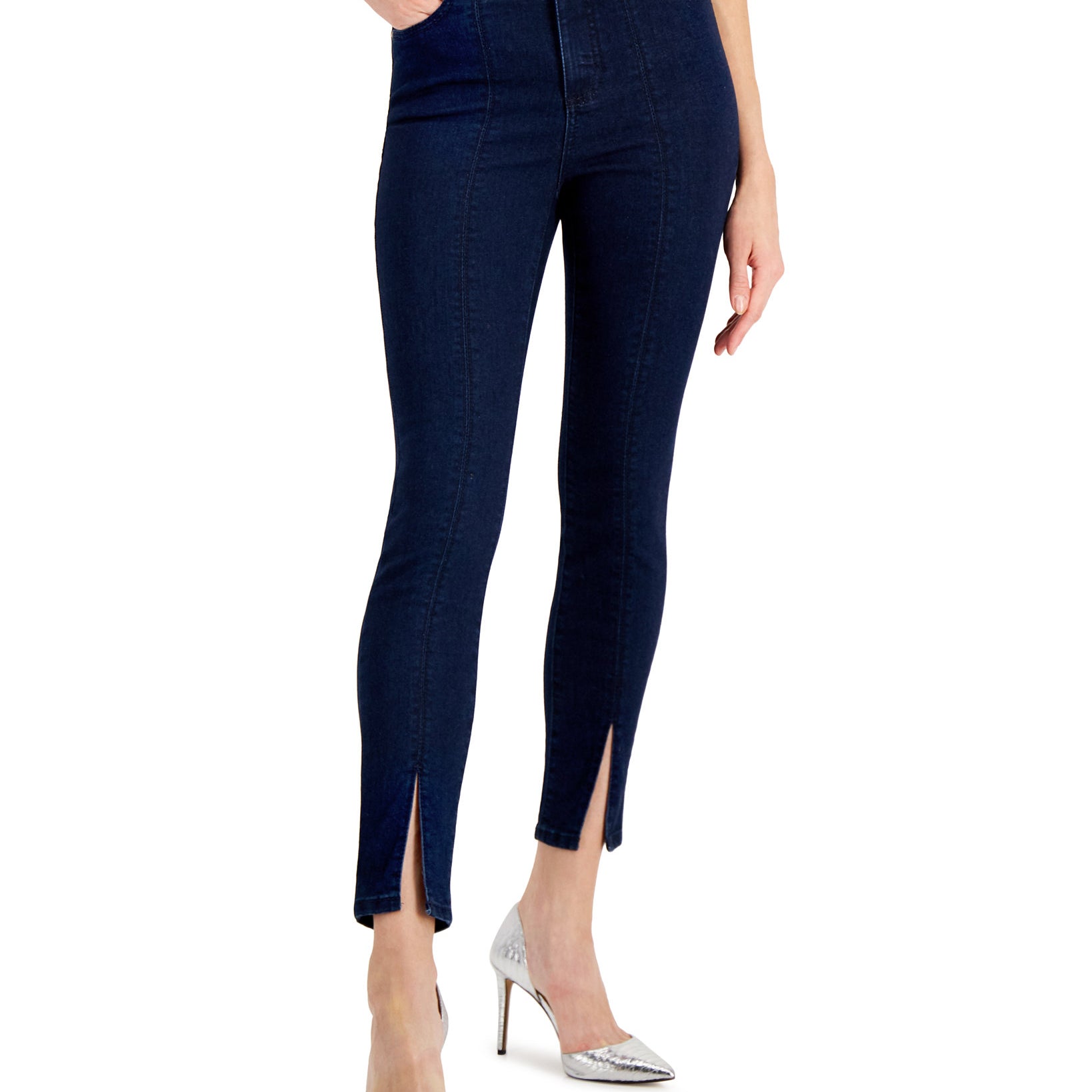 INC International Concepts Women Petite Front Slit Skinny Jeans Dark Indigio