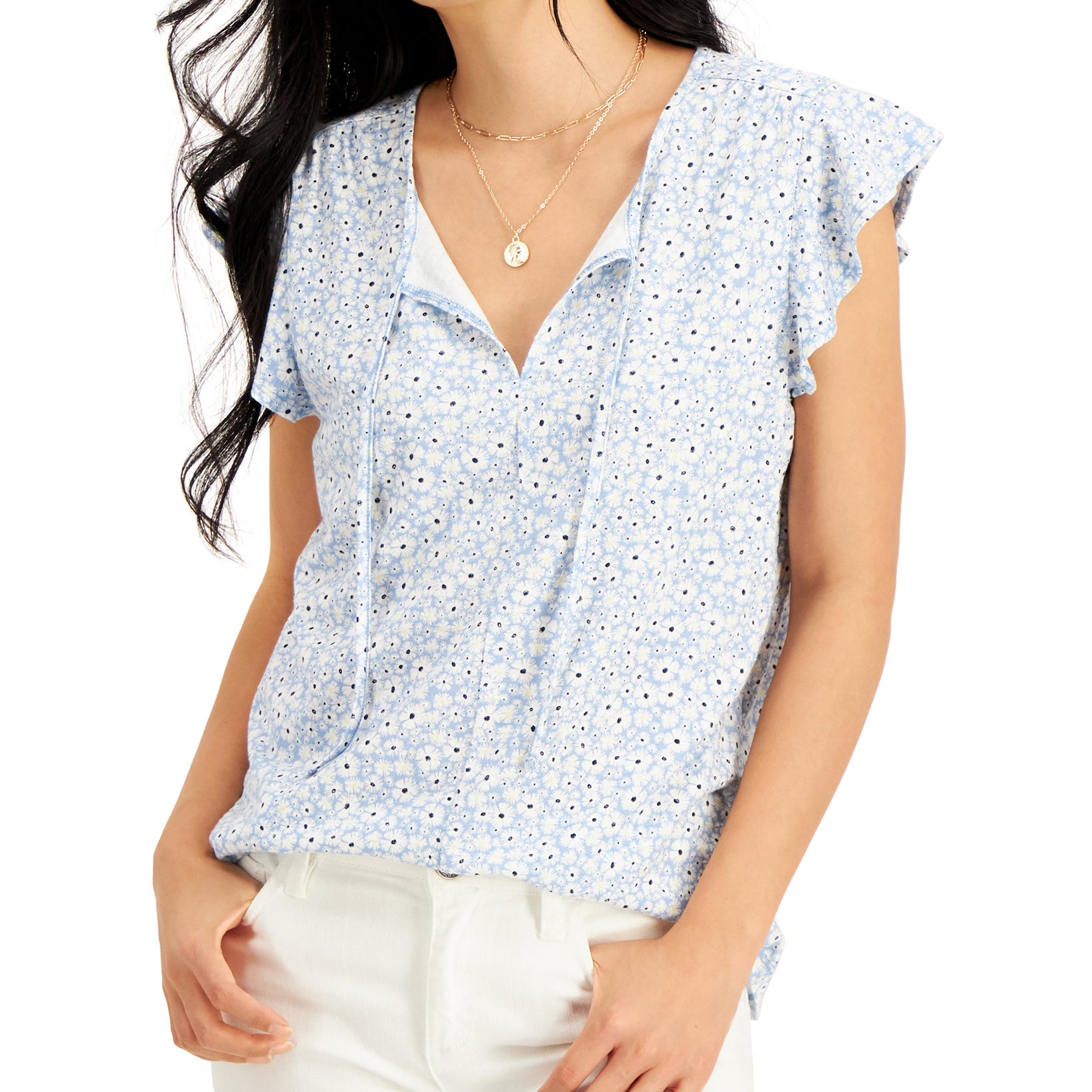 Style & Co Women Petite Clip Dot Ruffled Blouse Blue Myth