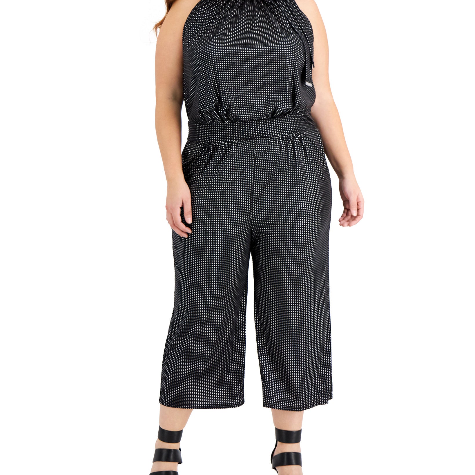 MICHAEL Michael Kors Women Plus Tie Neck Dot Print Jumpsuit Black Silver