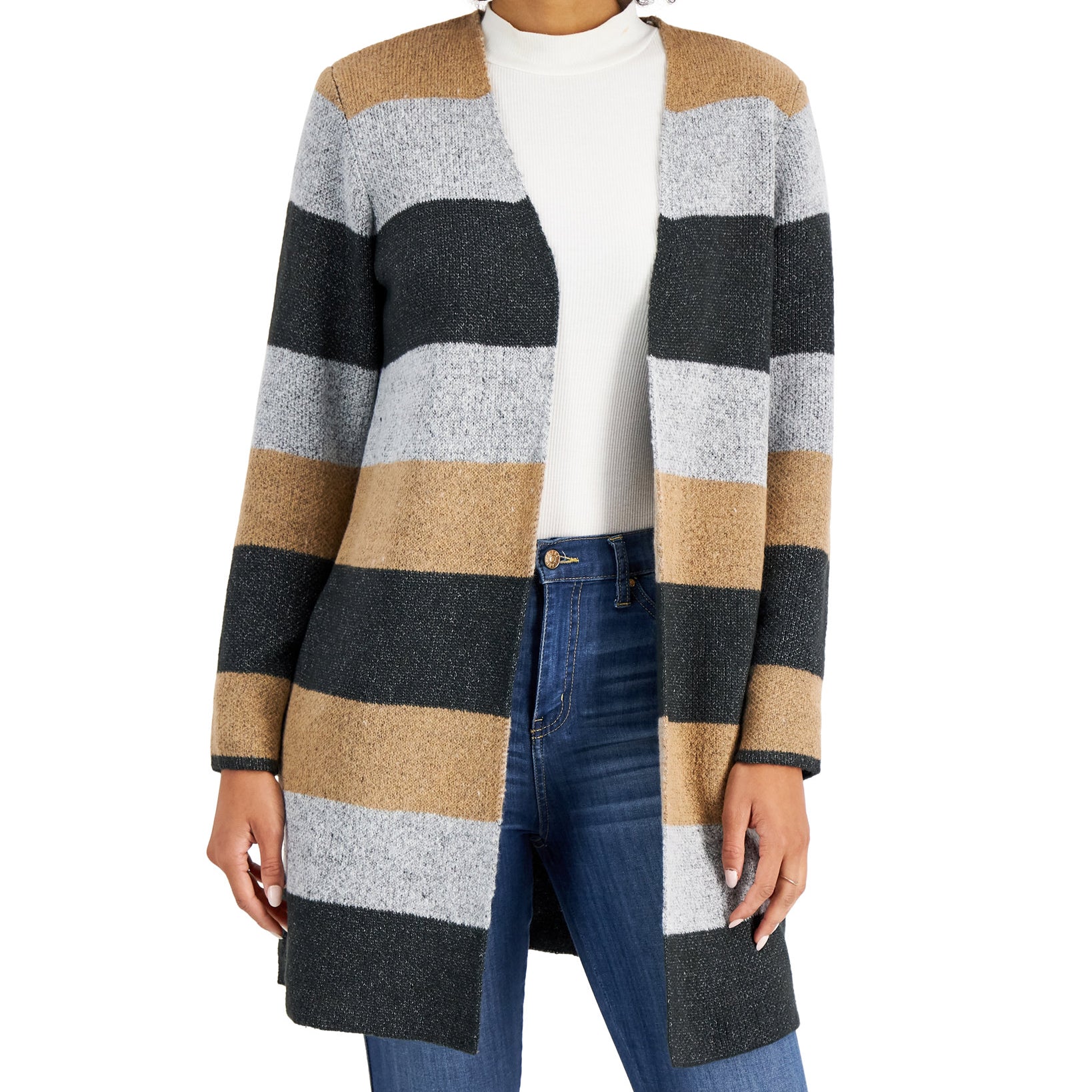 Charter Club Women Colorblocked Open Front Cardigan Grey Camel