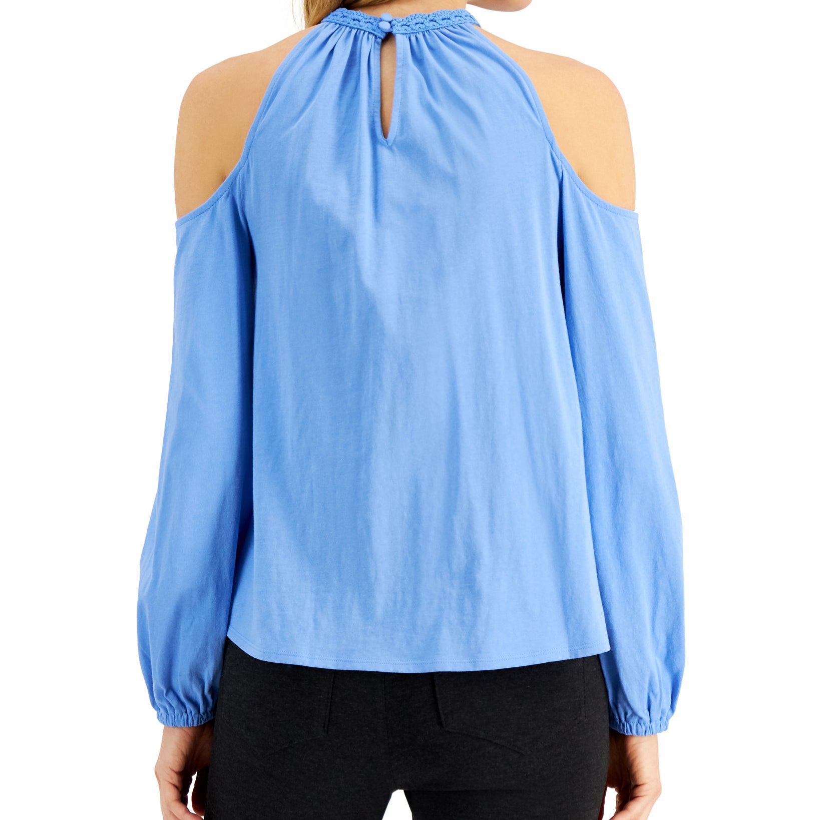 INC International Concepts Women Cotton Crochet Trim Cold Shoulder Top