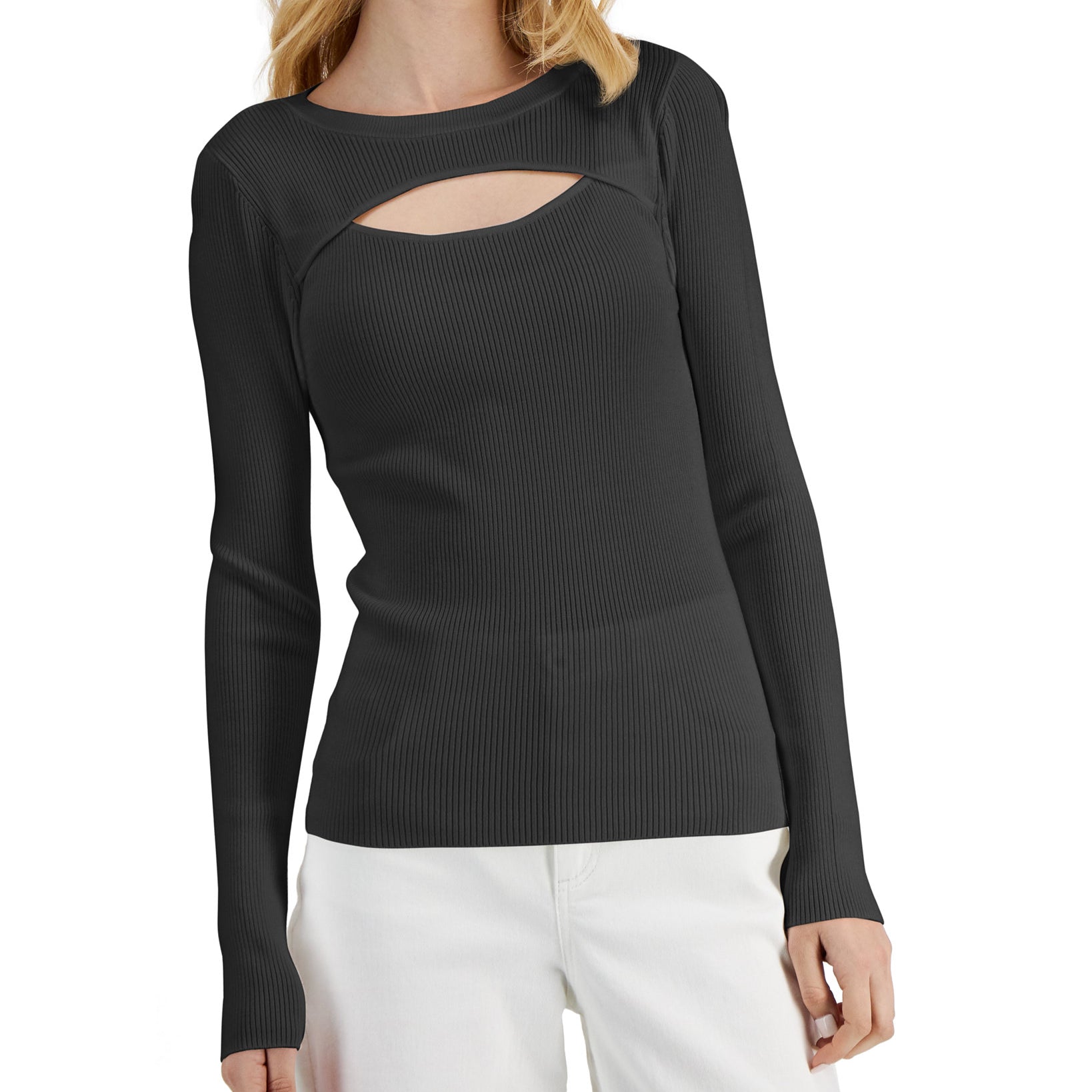 INC International Concepts Women Ribbed Cutout Crewneck Sweater Deep Black