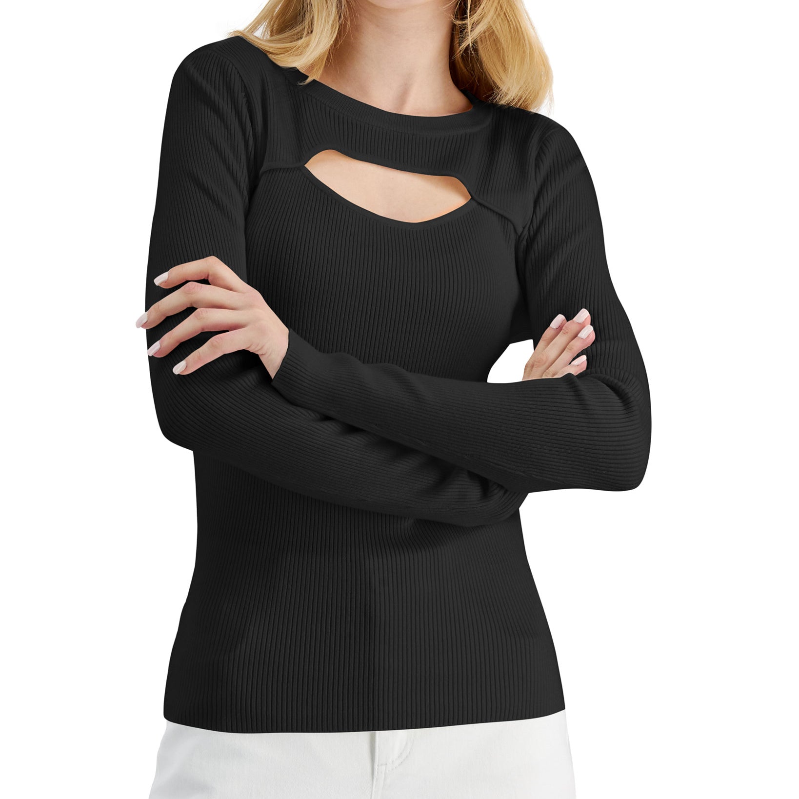 INC International Concepts Women Ribbed Cutout Crewneck Sweater
