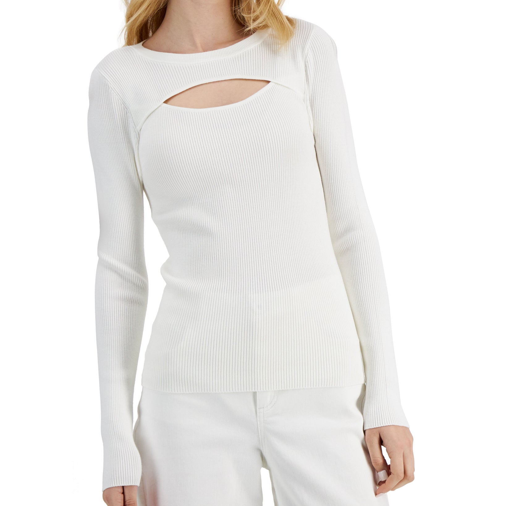 INC International Concepts Women Ribbed Cutout Crewneck Sweater Washed White
