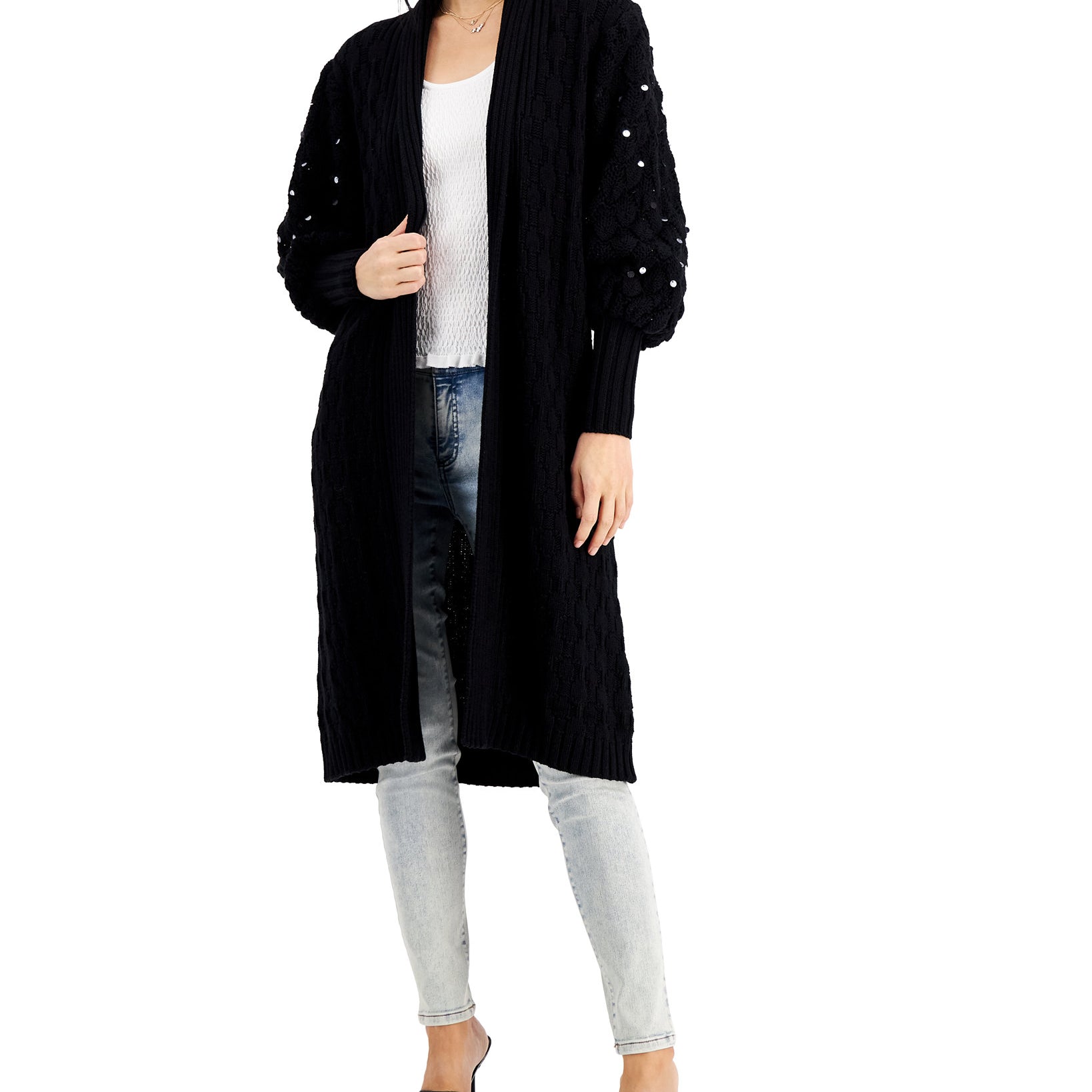 INC International Concepts Women Embellished Sleeve Cardigan Deep Black