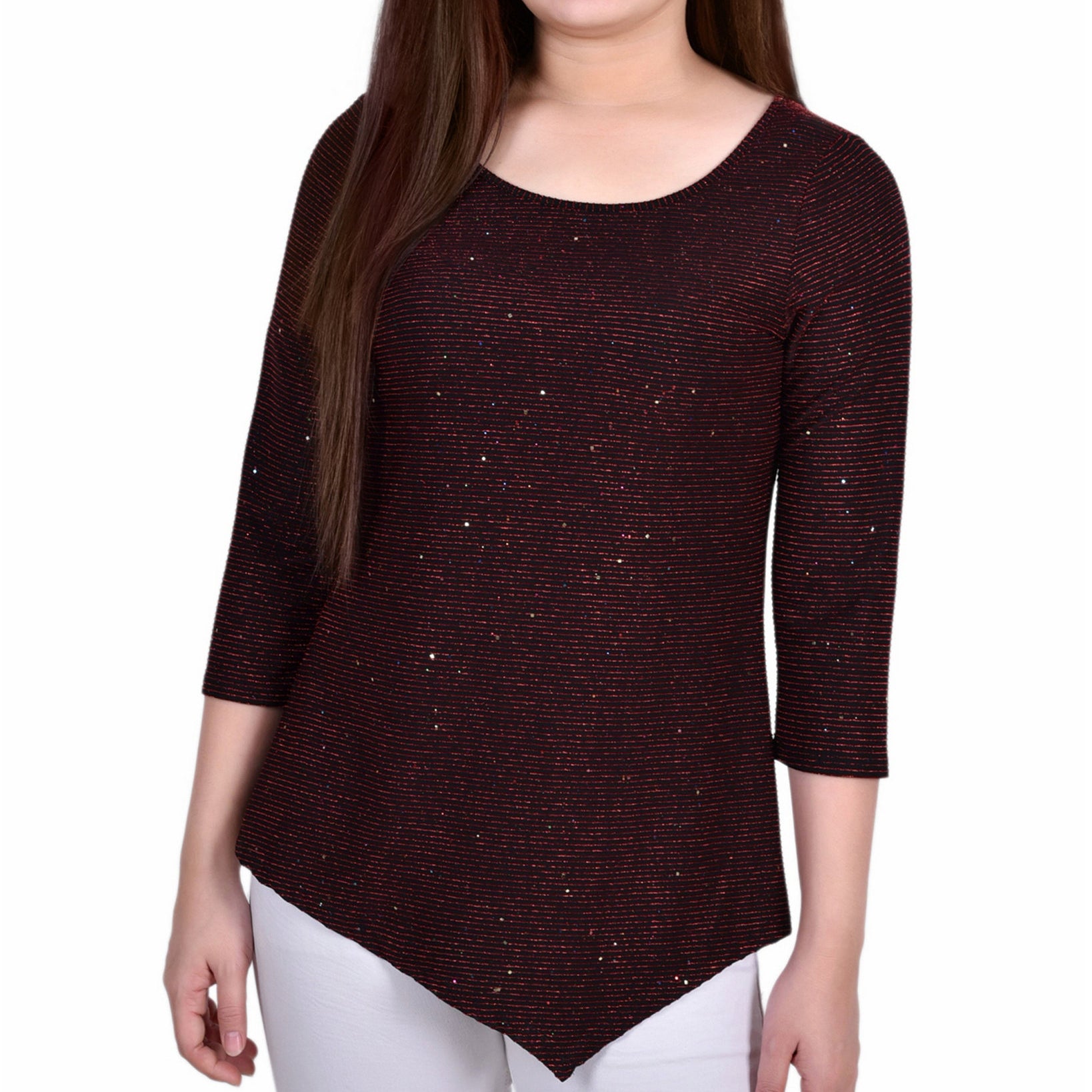 NY Collection Women 3 4 Sleeve Iridescent Bar Back Top Wine Gold