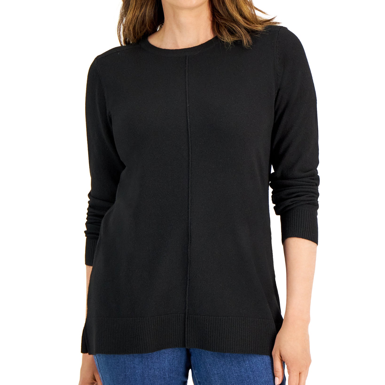 Karen Scott Women Plush Seamed Sweater Deep Black
