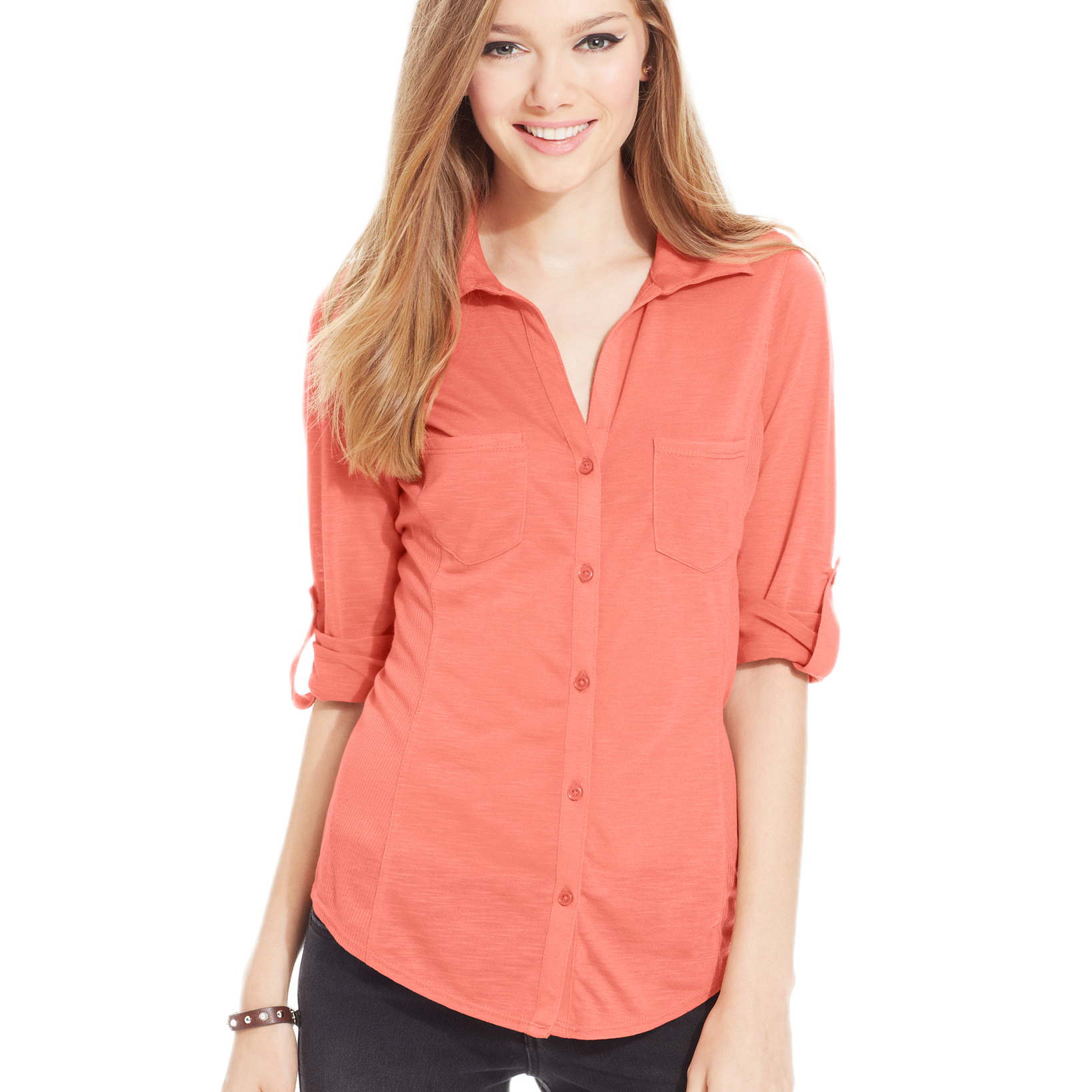 Almost Famous Juniors Ribbed Panel Button Down Top Bright Coral